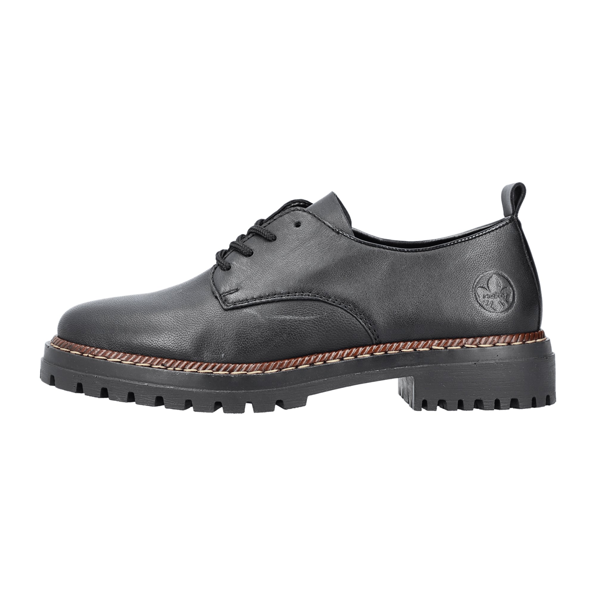 Rieker 52052 Black Leather Women's Shoes with Block Heel and Lace-Up Closure