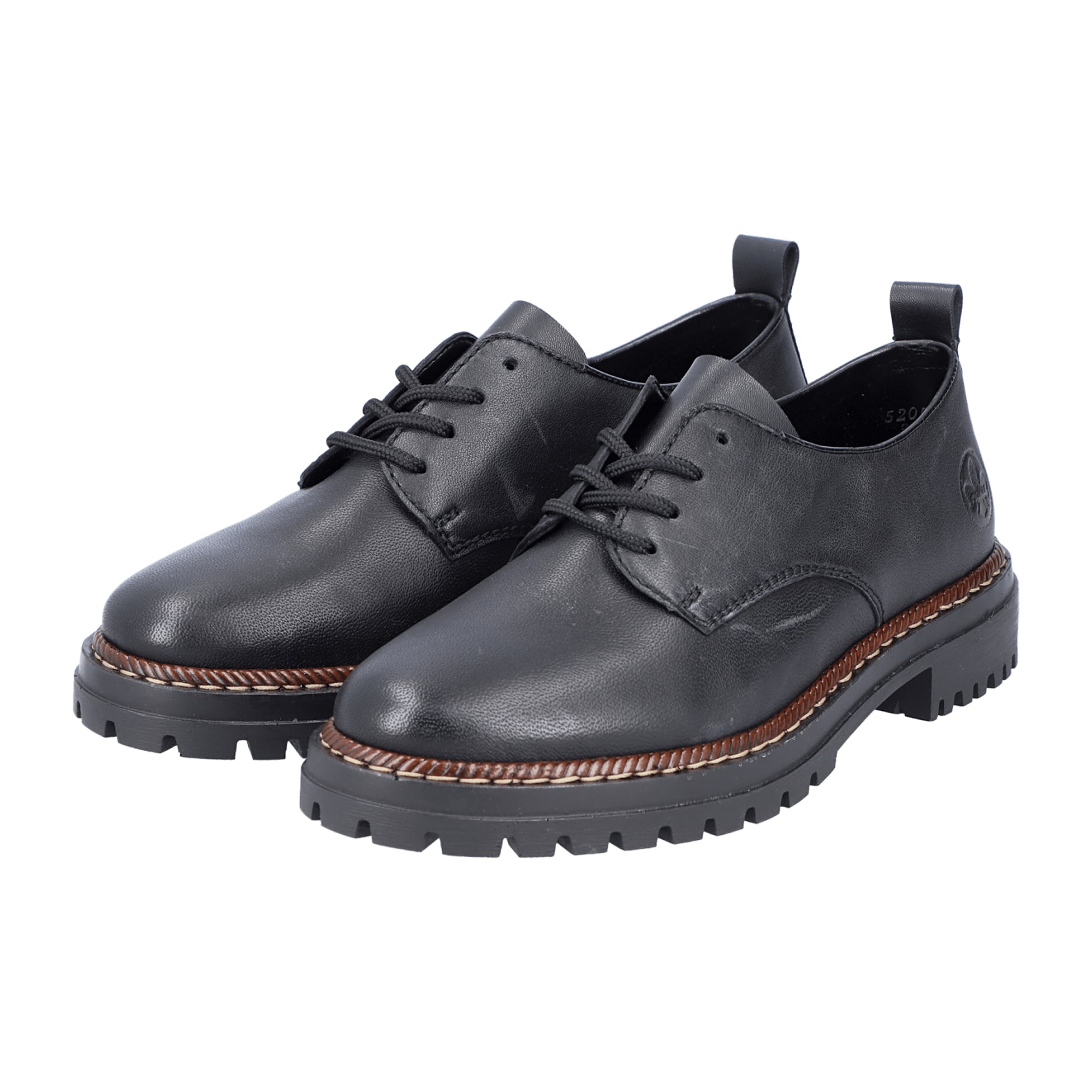 Rieker 52052 Black Leather Women's Shoes with Block Heel and Lace-Up Closure