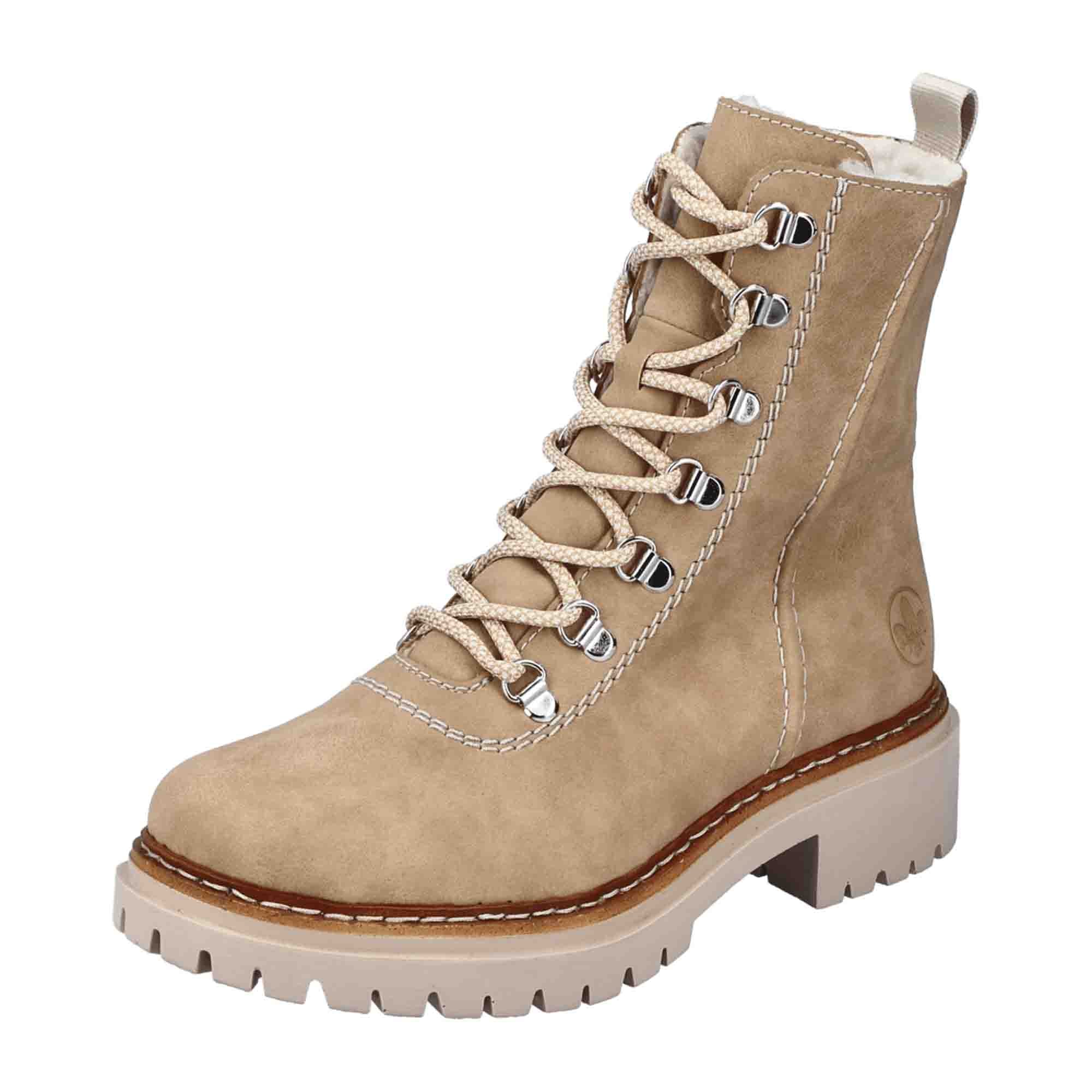Rieker Beige Women's Boots HWK Lace-Up Faux Leather Fall Winter Collection