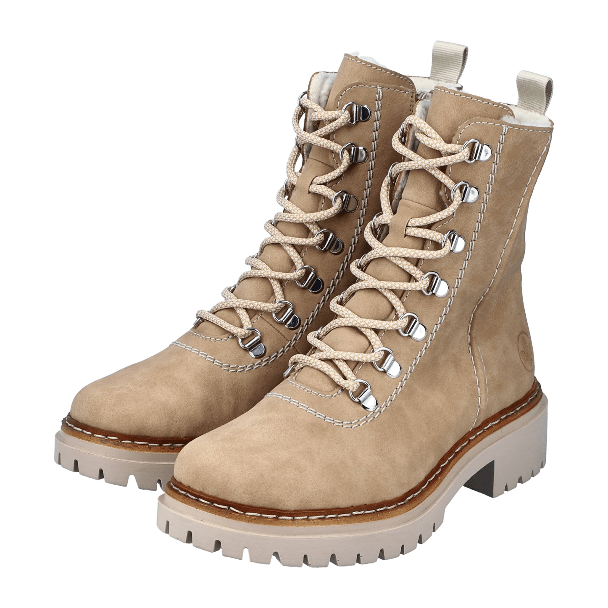 Rieker Beige Women's Boots HWK Lace-Up Faux Leather Fall Winter Collection