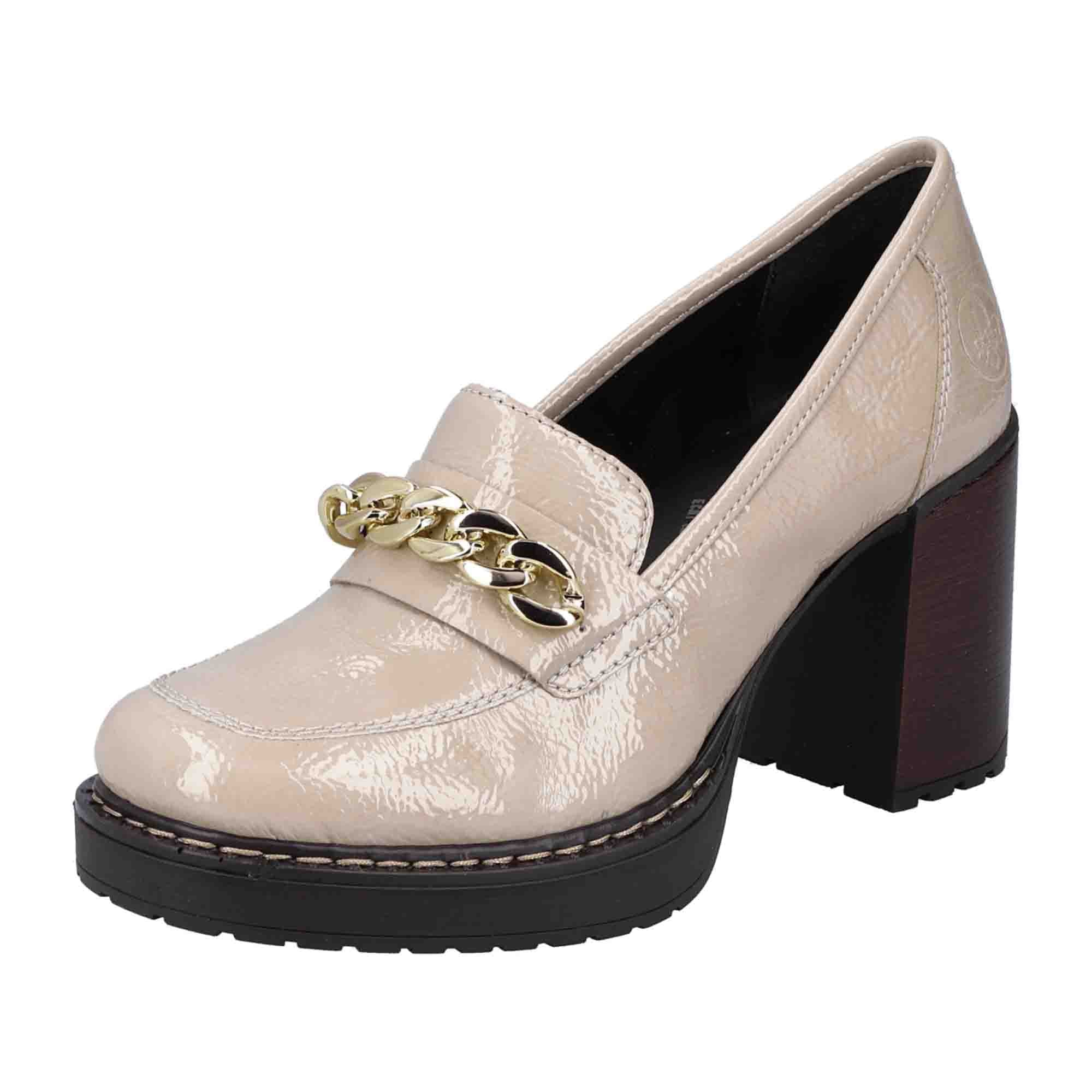 Rieker Beige Women's Slip-On Shoes with Block Heel and Square Toe - Bartel-Shop