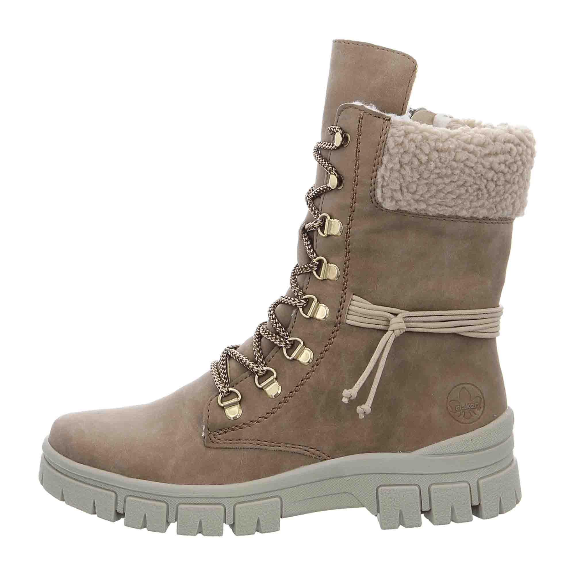 Rieker Nabukino Teddy Beige Women's Boots Lace-Up Autumn Winter Faux Leather - Bartel-Shop