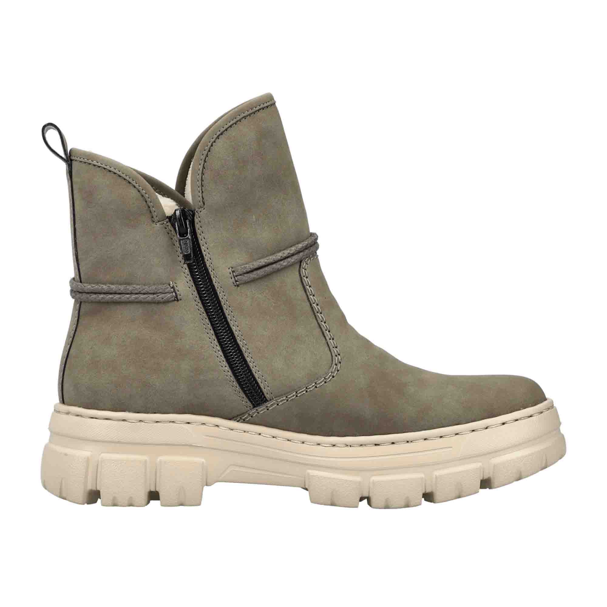 Rieker Z7462-52 Women's Olive Ankle Boots with Platform Heel and Zip Closure