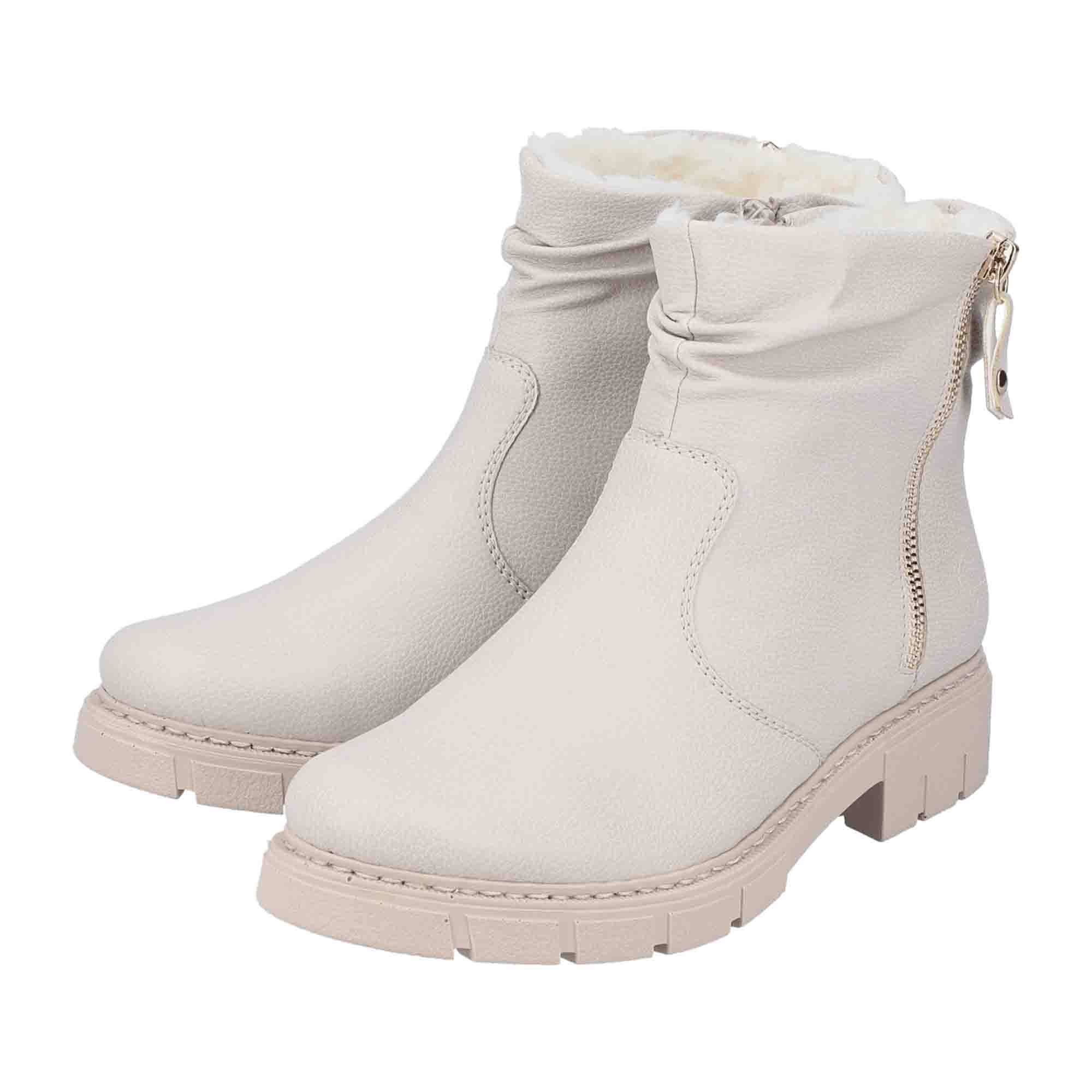 Rieker Beige Women's Boots with Zipper Warm Lined Faux Leather Block Heel