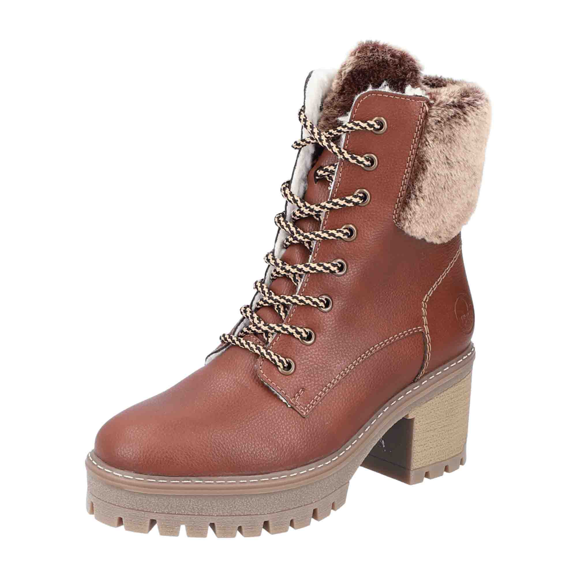 Rieker Y8532-25 Brown Women's Boots with Block Heel and Zipper Lace Closure