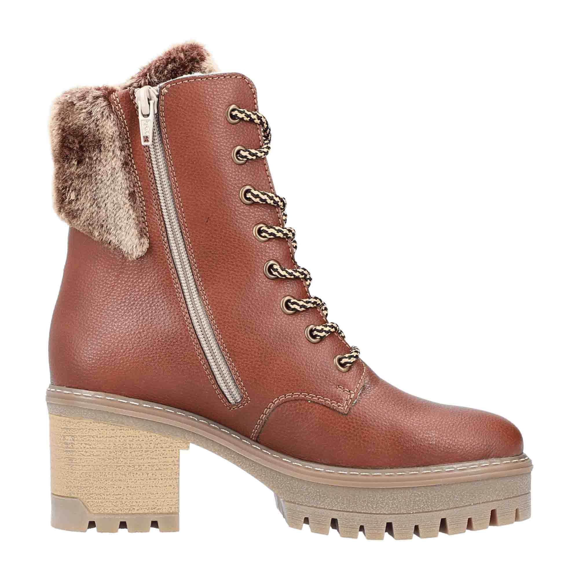 Rieker Y8532-25 Brown Women's Boots with Block Heel and Zipper Lace Closure