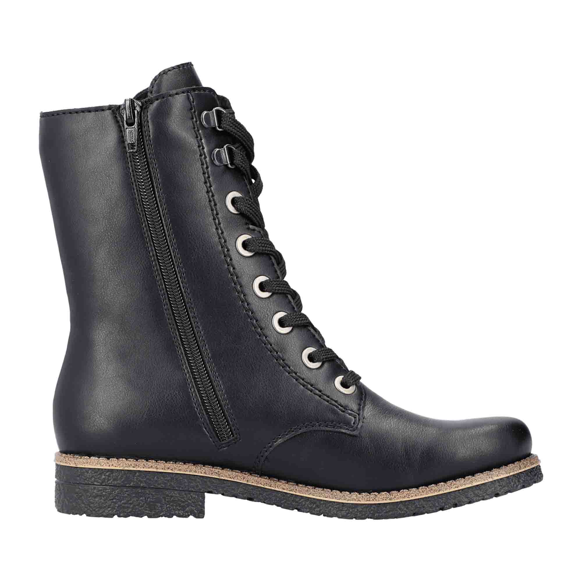 Rieker Women's Black Ankle Boots with Block Heel and Zipper Lace-Up Closure