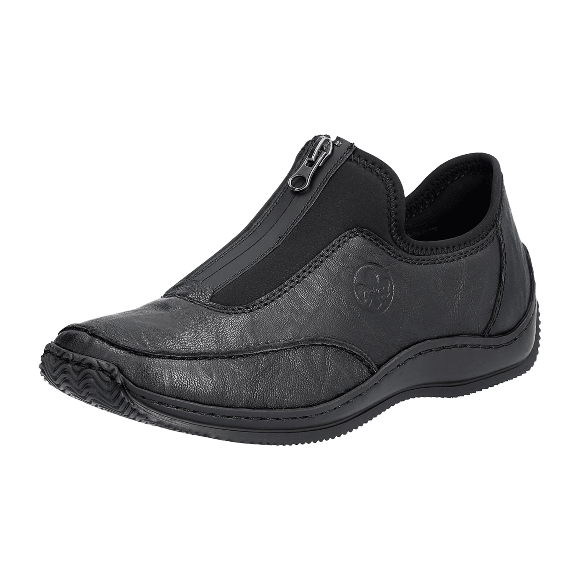 Rieker Ladies Black Leather Slip-On Shoes with Low Heel and Narrow Fit
