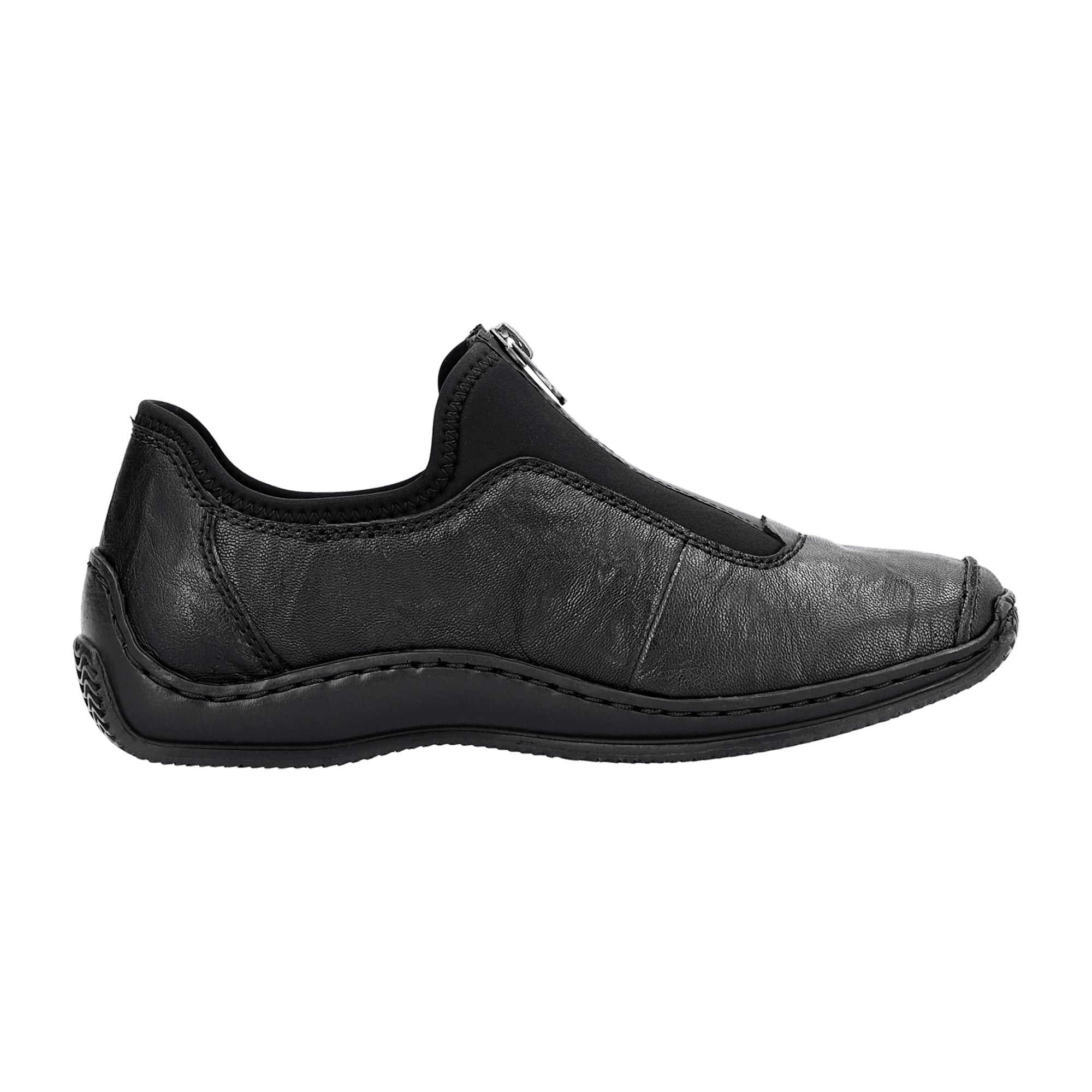 Rieker Ladies Black Leather Slip-On Shoes with Low Heel and Narrow Fit