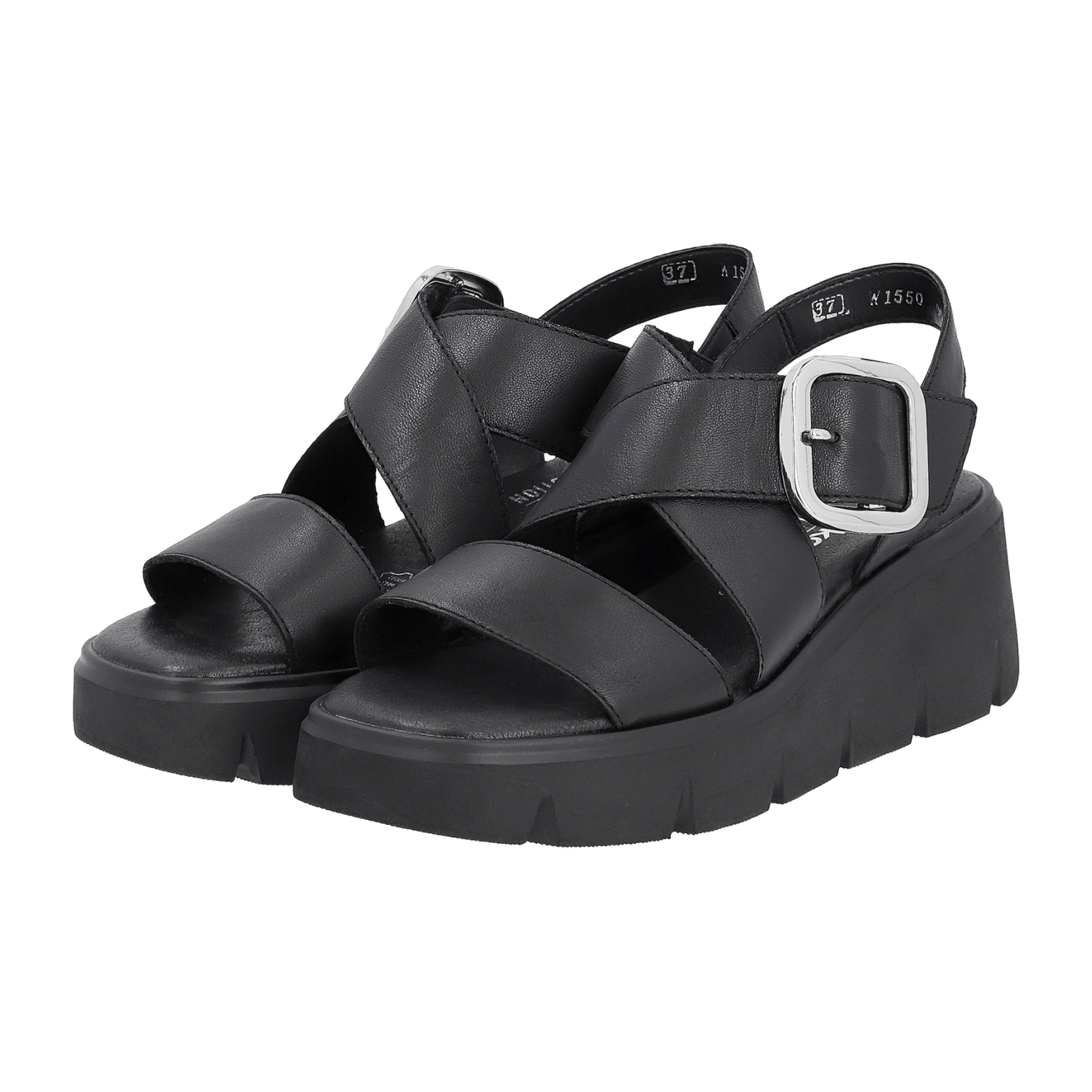 Rieker Lugano Women's Black Leather Sandals with Wedge Heel and Velcro Closure