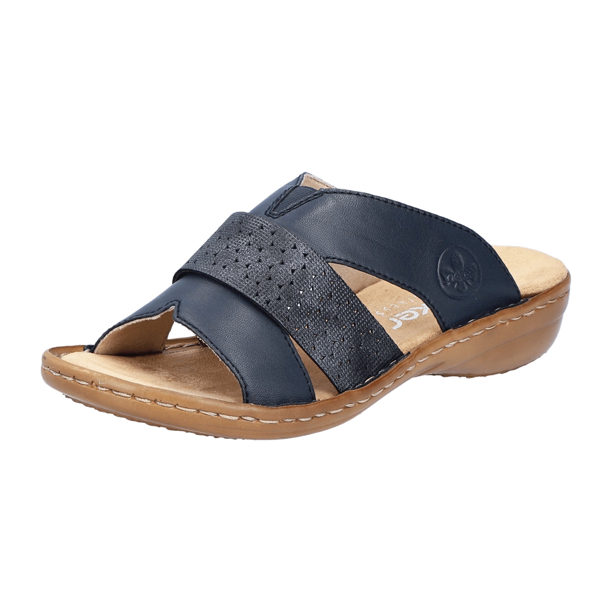 Rieker 60897 Women's Blue Leather Slip-On Sandals with Flat Heel