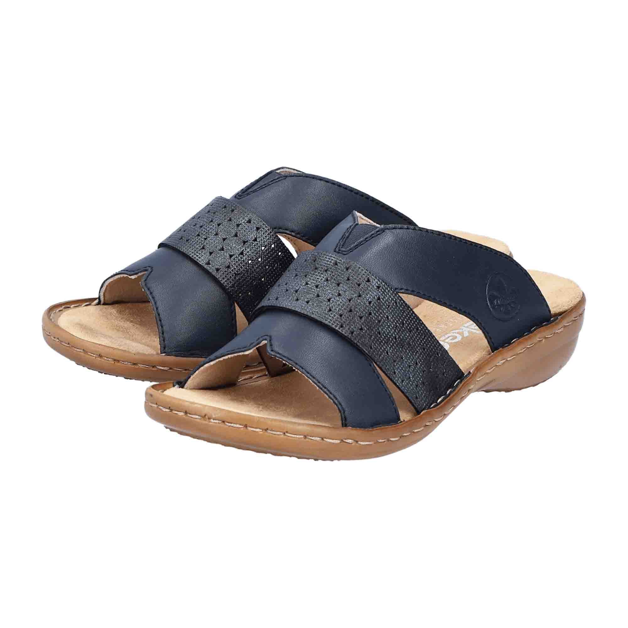 Rieker 60897 Women's Blue Leather Slip-On Sandals with Flat Heel