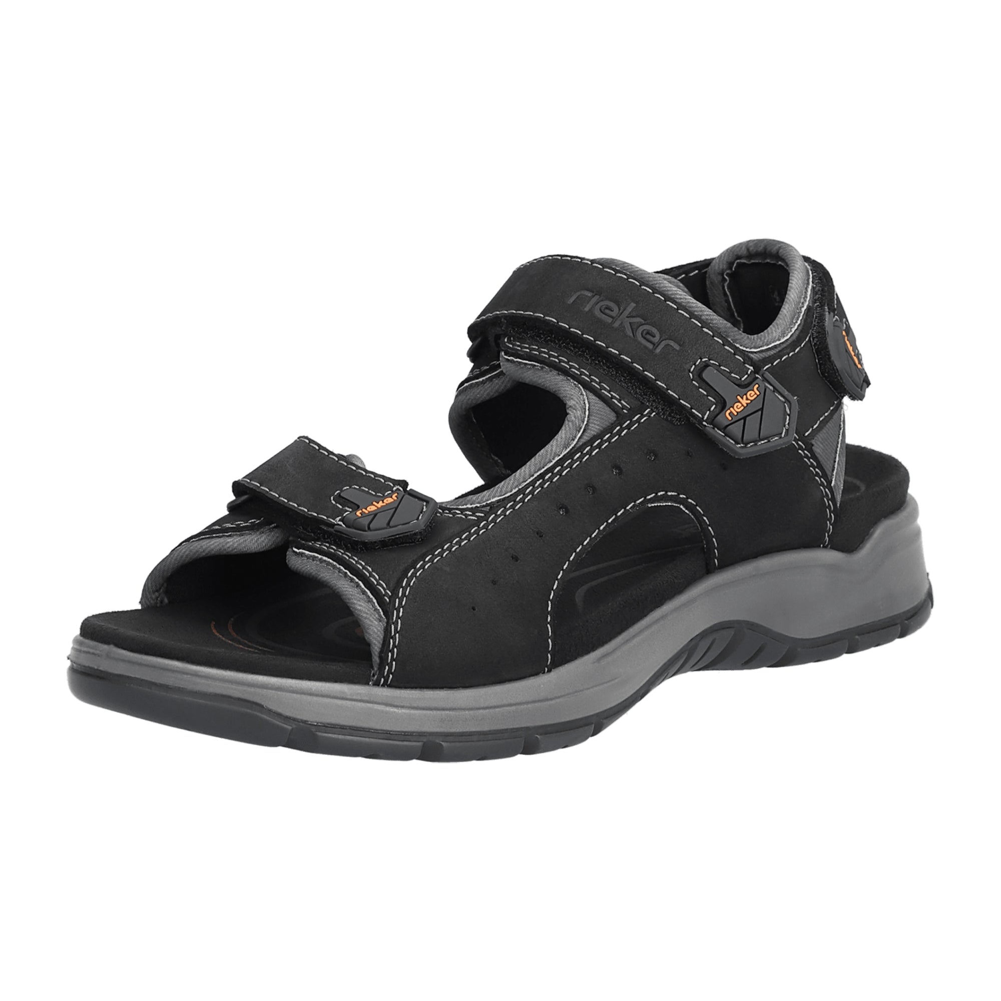 Rieker Men's Black Leather Sandals with Velcro Closure Comfortable Flat Sole
