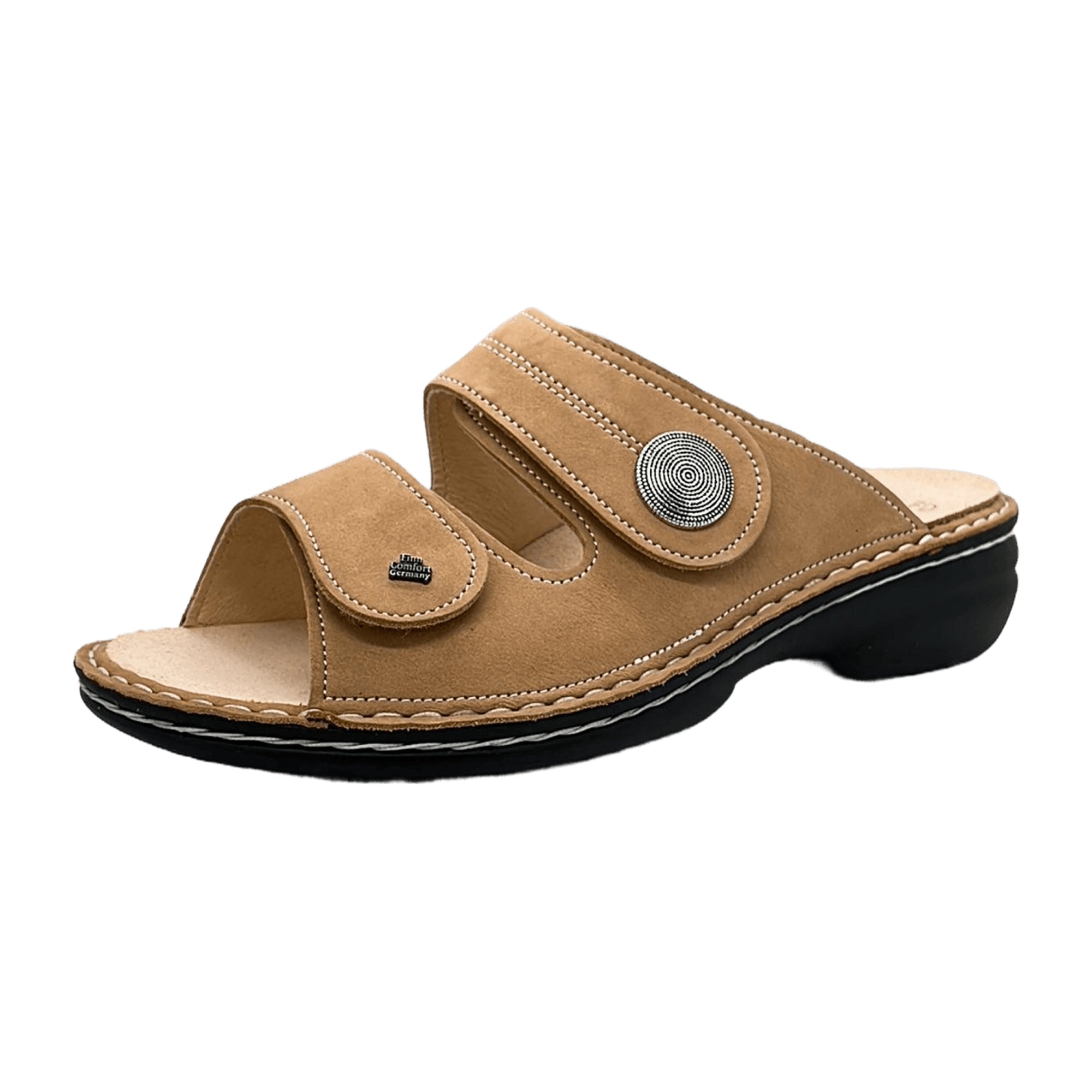 Finn Comfort Sansibar Beige Nubuck Leather Slides - Comfortable Women's Sandals with Adjustable Straps and Orthopedic Footbed