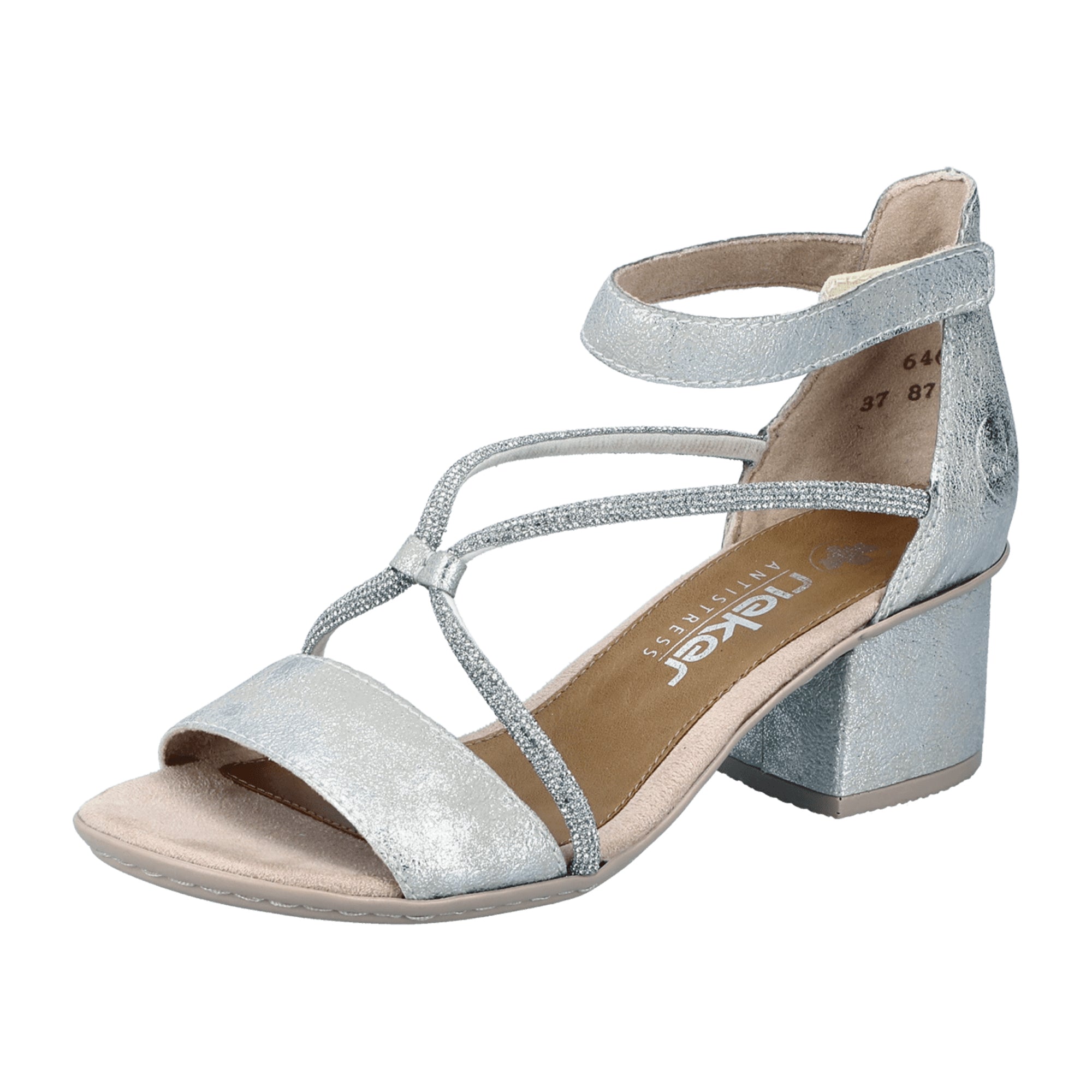 Rieker Aleria Women's Silver Sandals with Block Heel and Velcro Closure