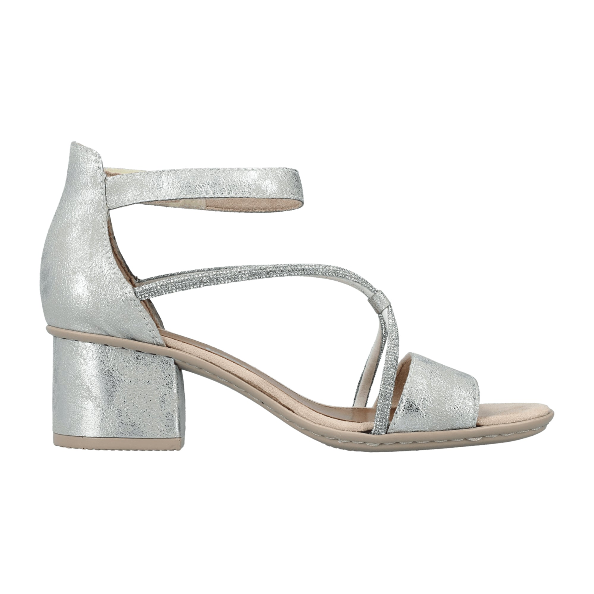 Rieker Aleria Women's Silver Sandals with Block Heel and Velcro Closure