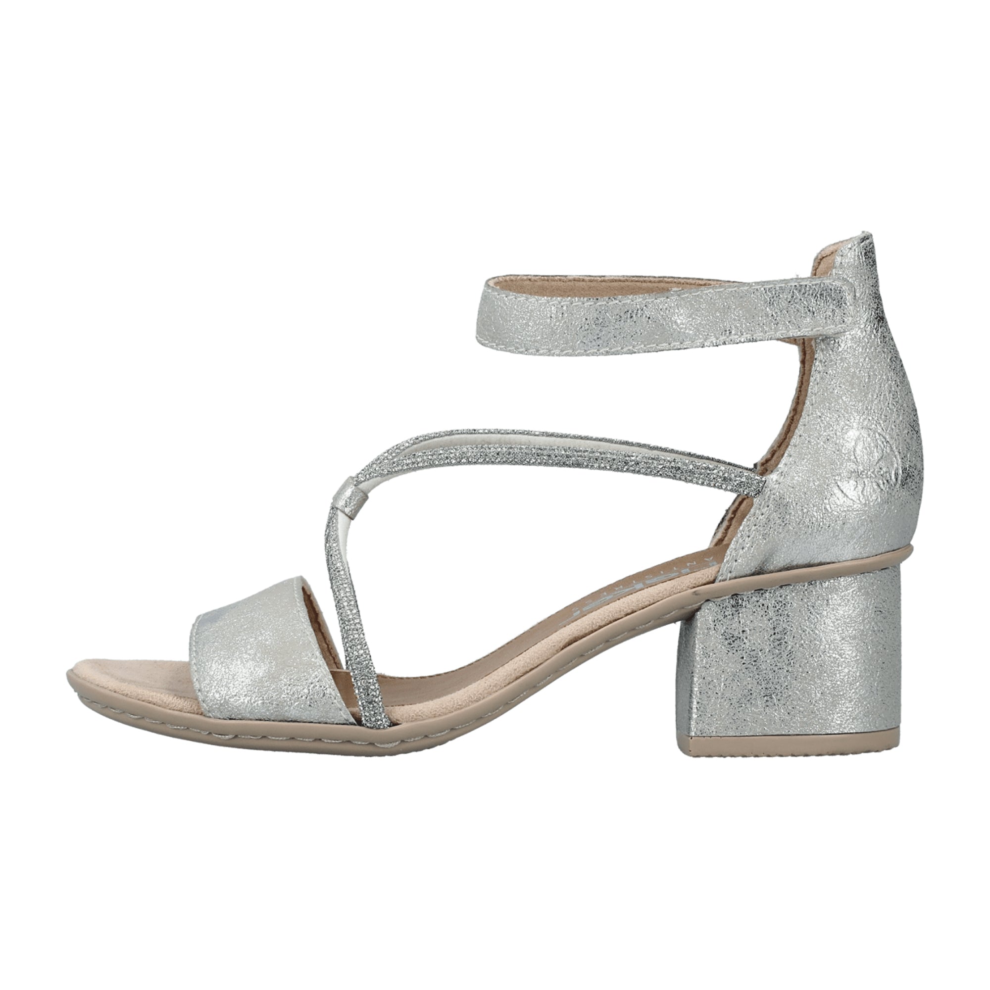 Rieker Aleria Women's Silver Sandals with Block Heel and Velcro Closure