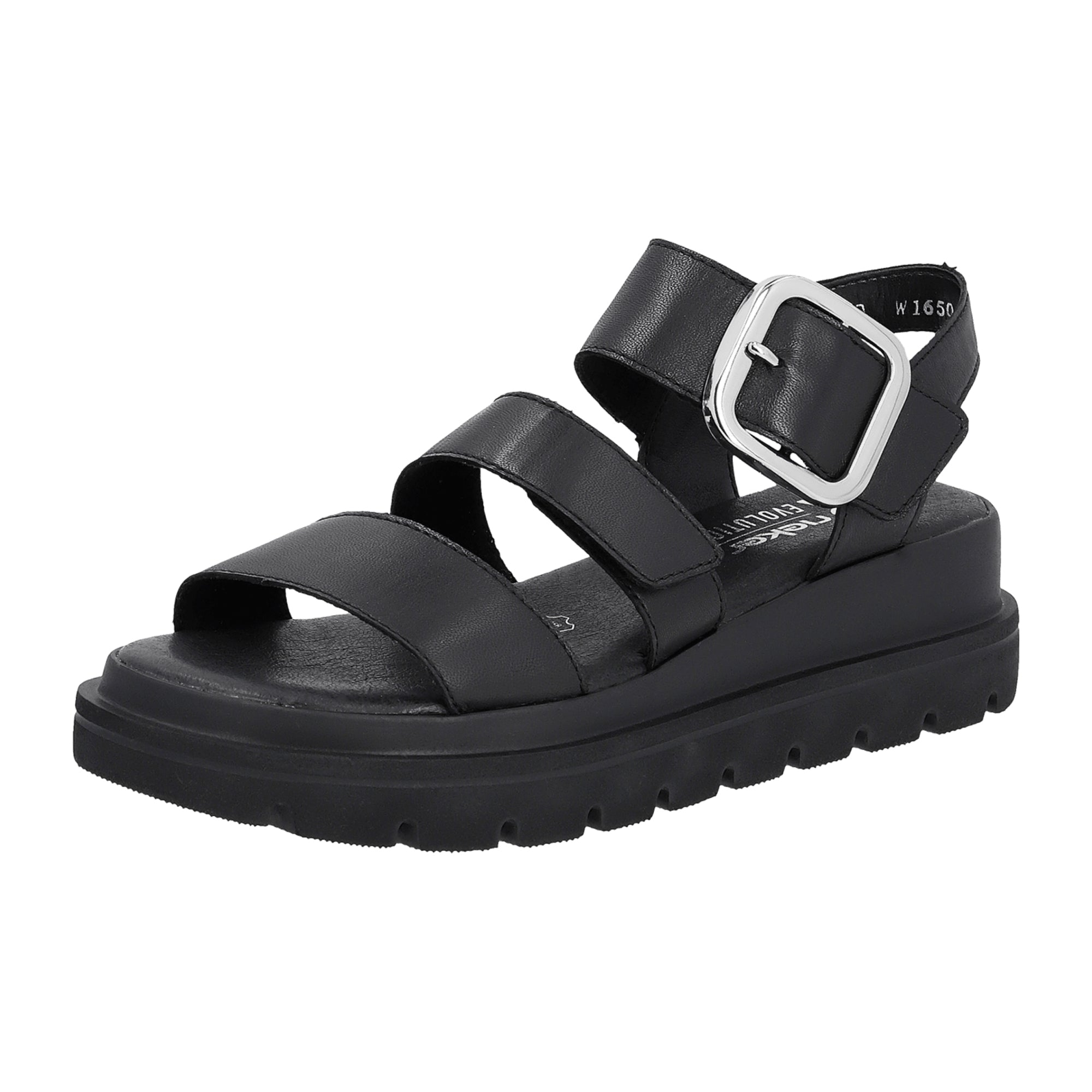 Rieker Women's Black Leather Sandals with Adjustable Straps and Wedge Heel