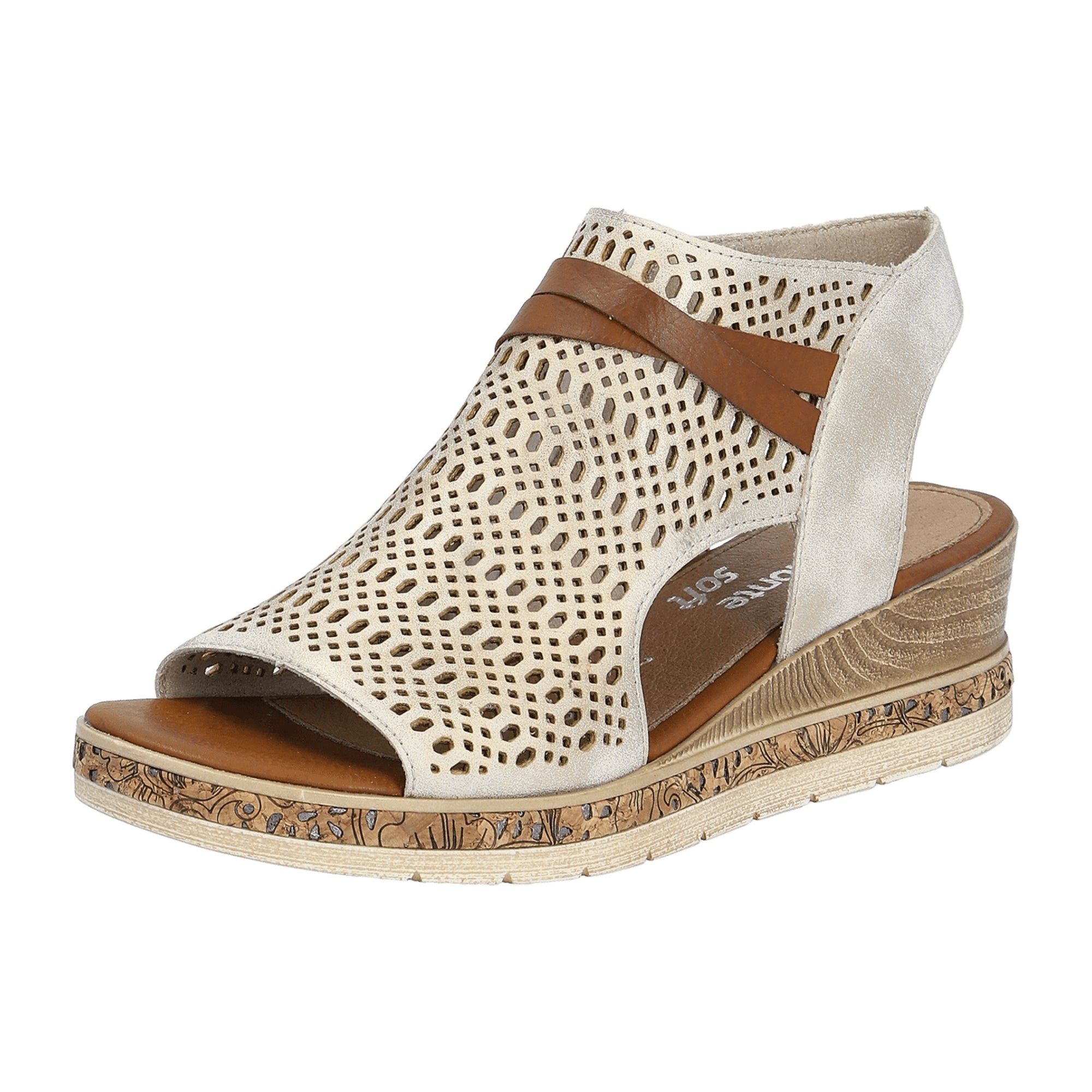 Remonte Beige Wedge Sandals for Women D3075-60 Faux Leather and Textile