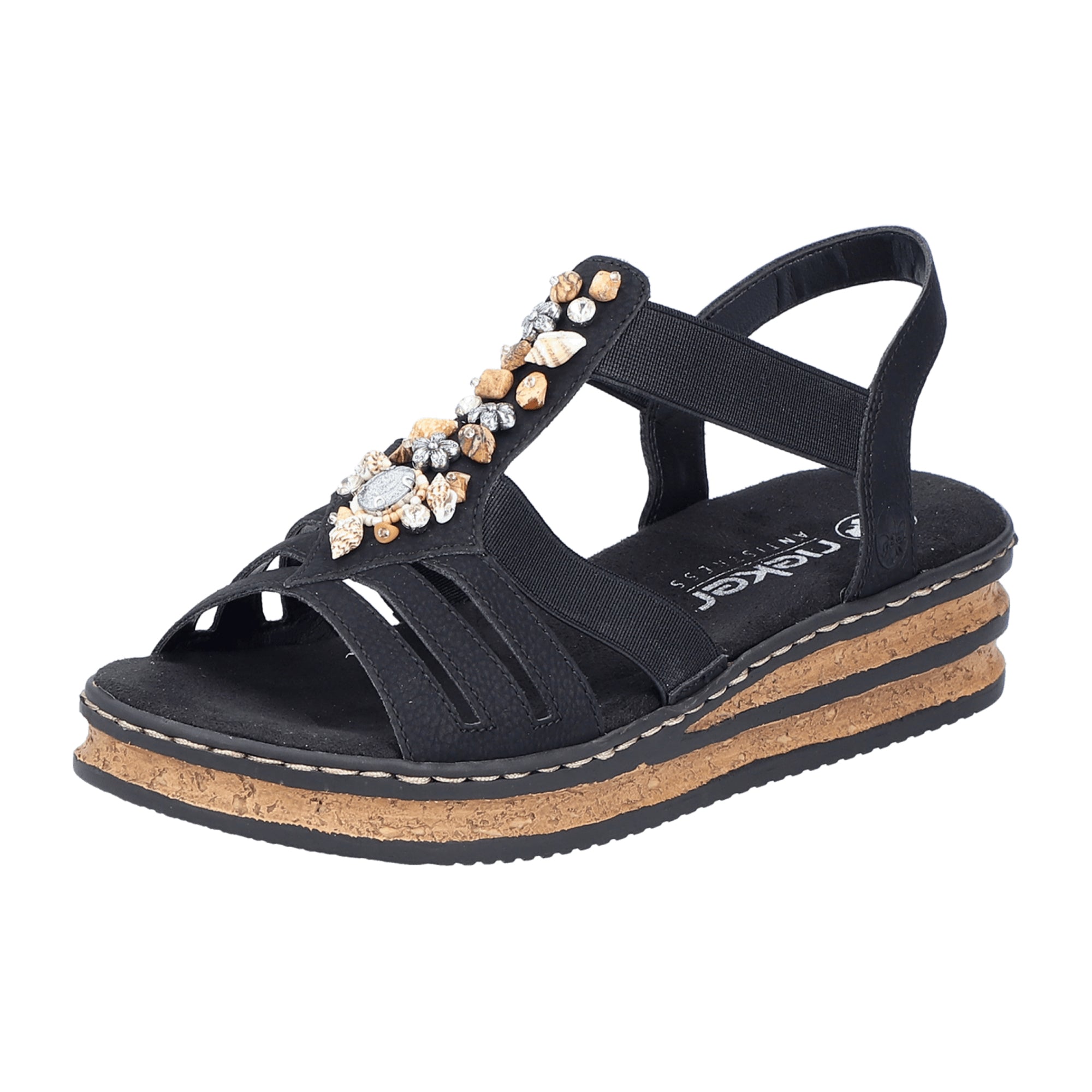 Rieker Women's Black Slip-On Wedge Sandals, Synthetic Upper, Comfortable Fit