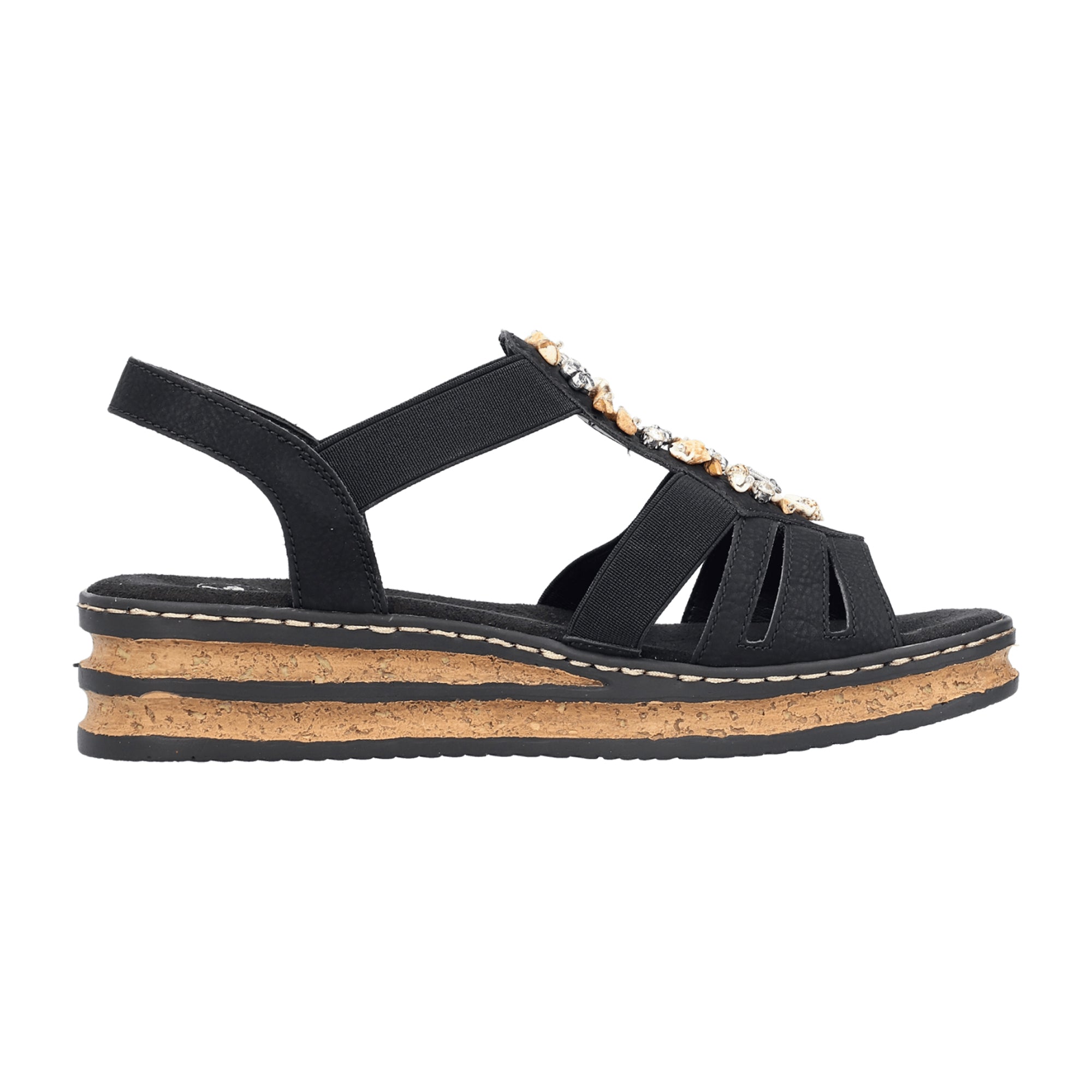 Rieker Women's Black Slip-On Wedge Sandals, Synthetic Upper, Comfortable Fit