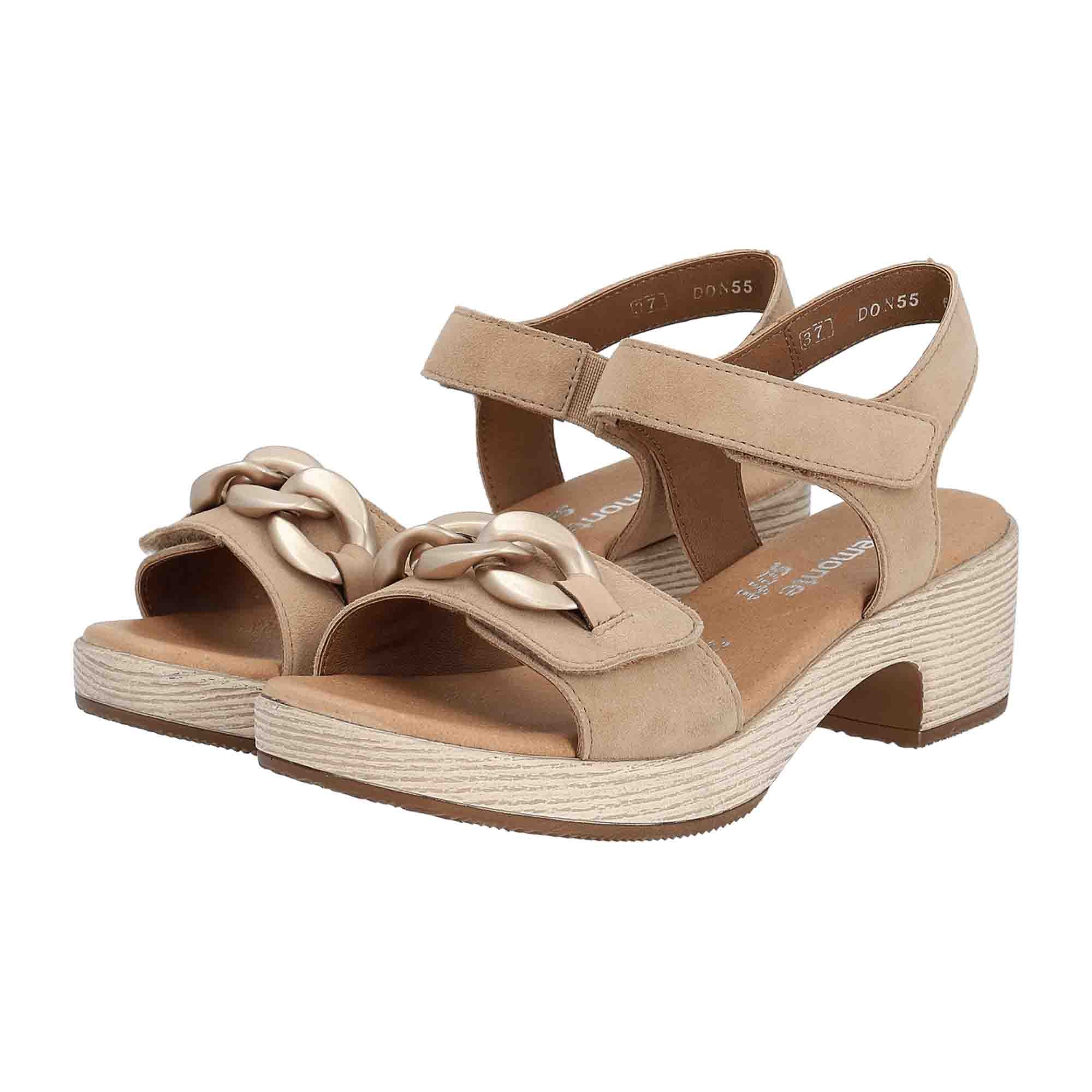 Remonte Women's Beige Leather Shoes with Block Heel and Velcro Closure