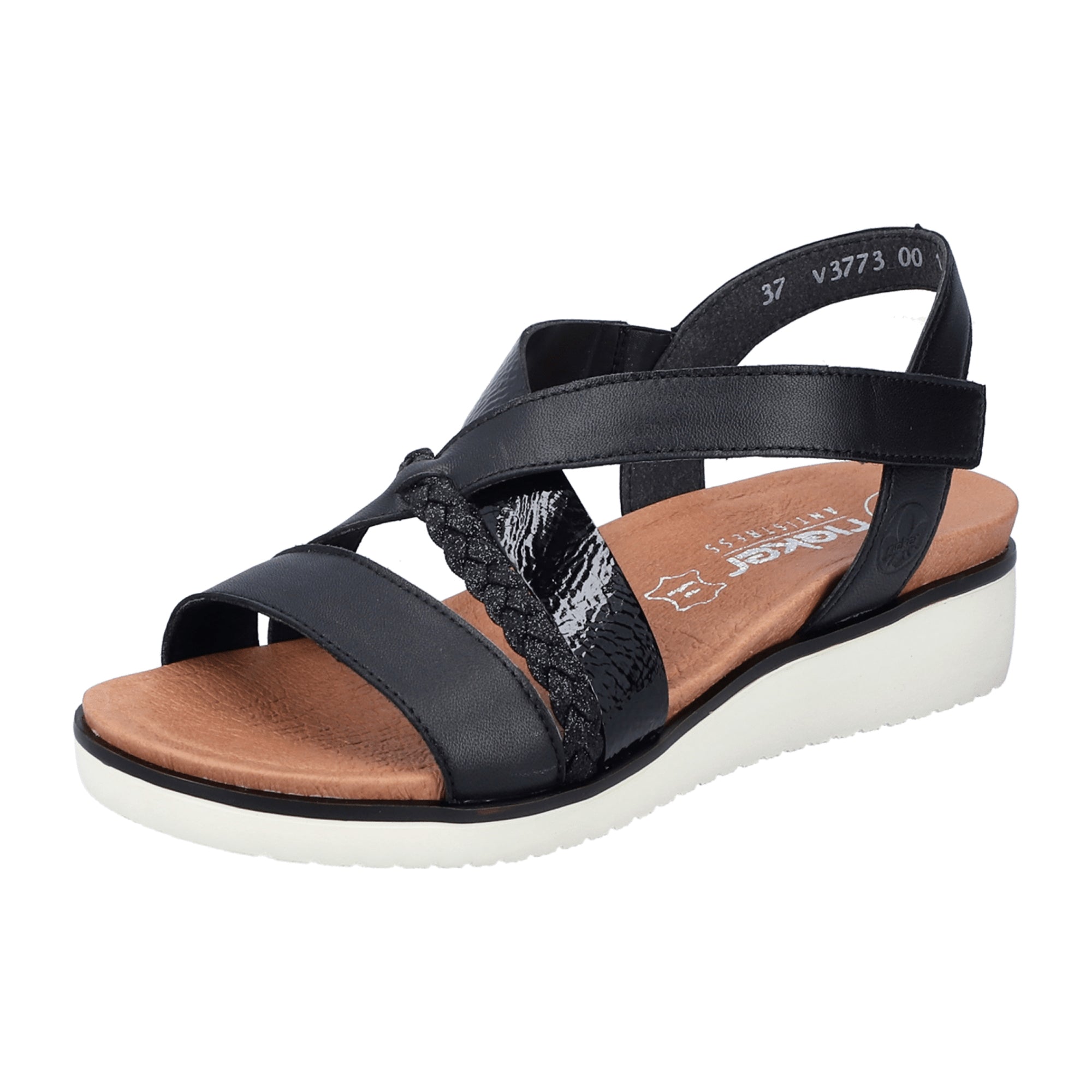 Rieker Women's Black Sandals V3773-00 Leather Mix with Velcro Closure