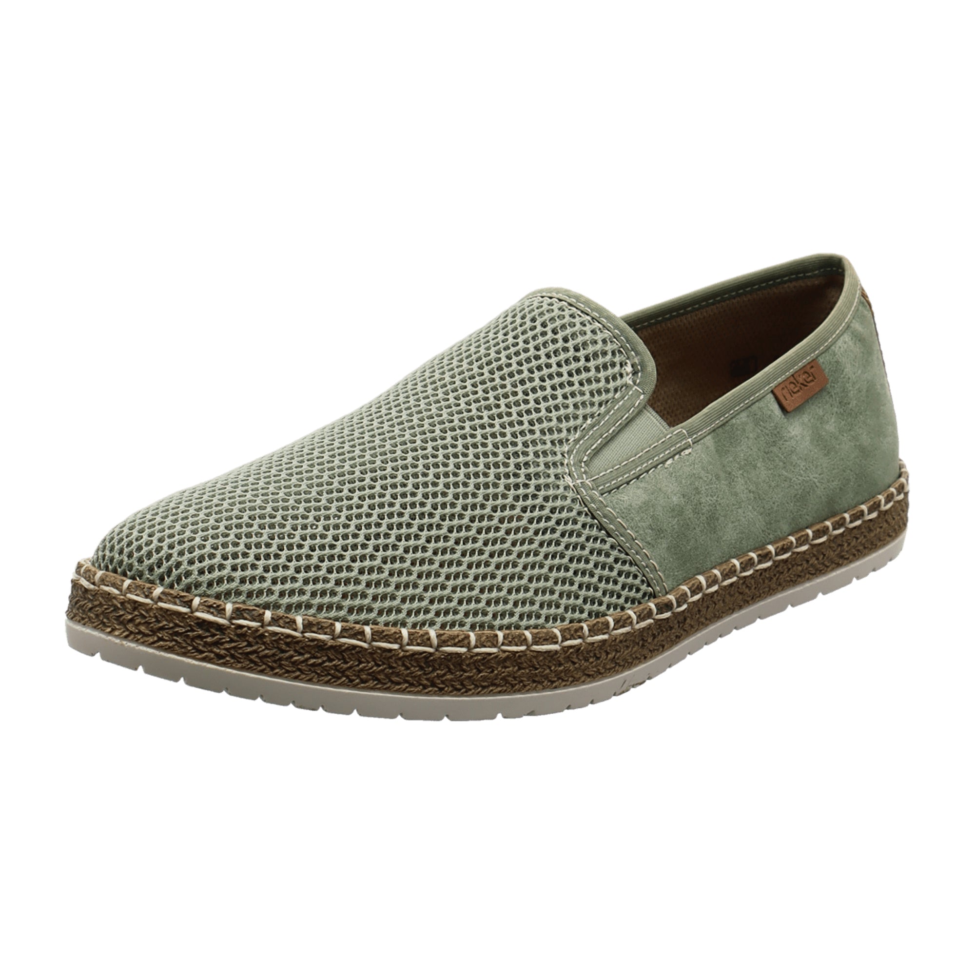 Rieker B5265-52 Men's Green Slip-On Shoes with Flat Heel and Brown Sole