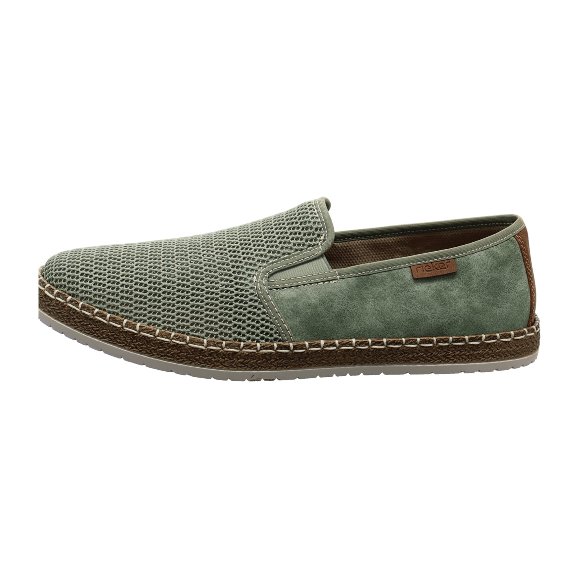 Rieker B5265-52 Men's Green Slip-On Shoes with Flat Heel and Brown Sole