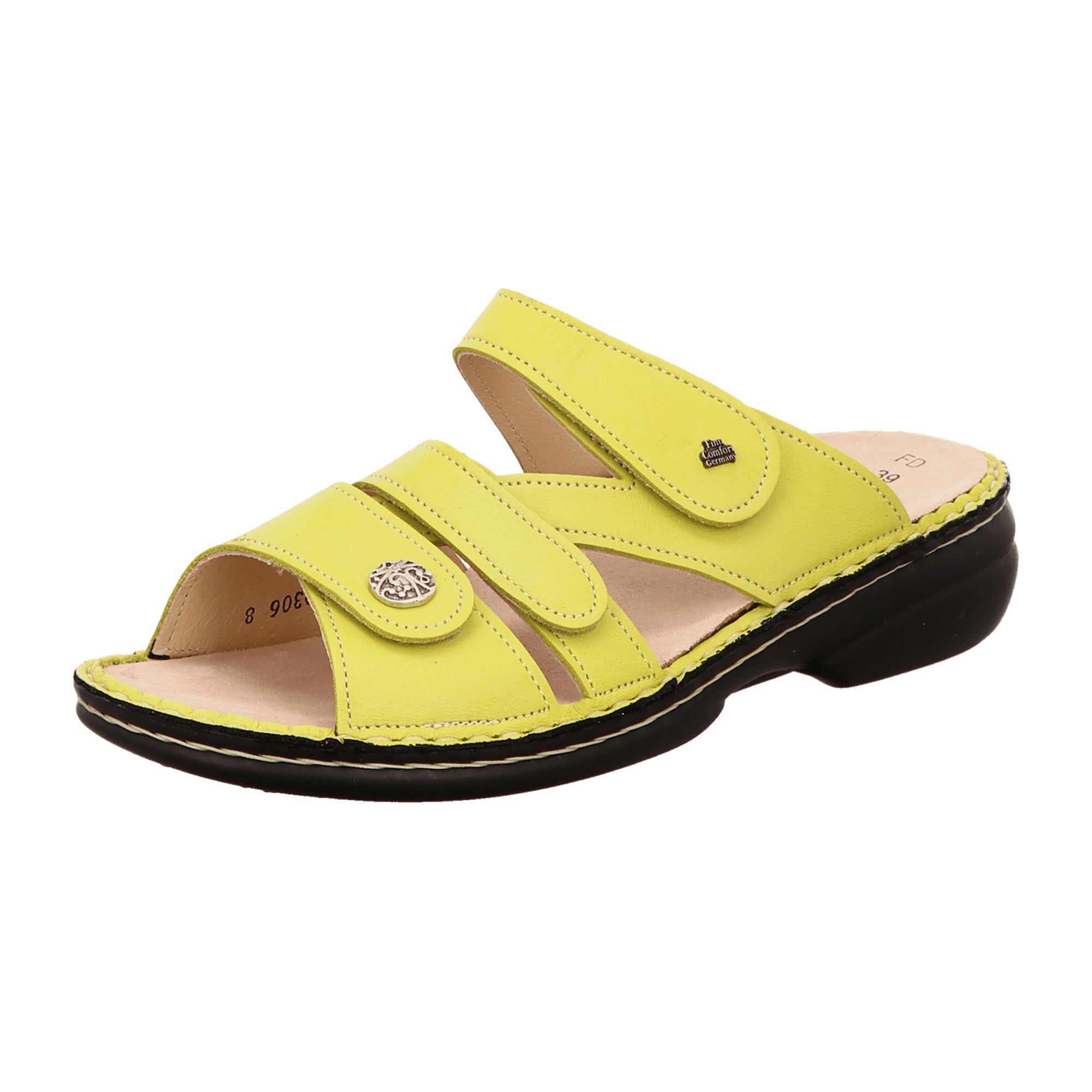 Finn Comfort Ventura-Soft Women's Slide Sandals - Lime Green Leather with Handmade Details and Soft Footbed