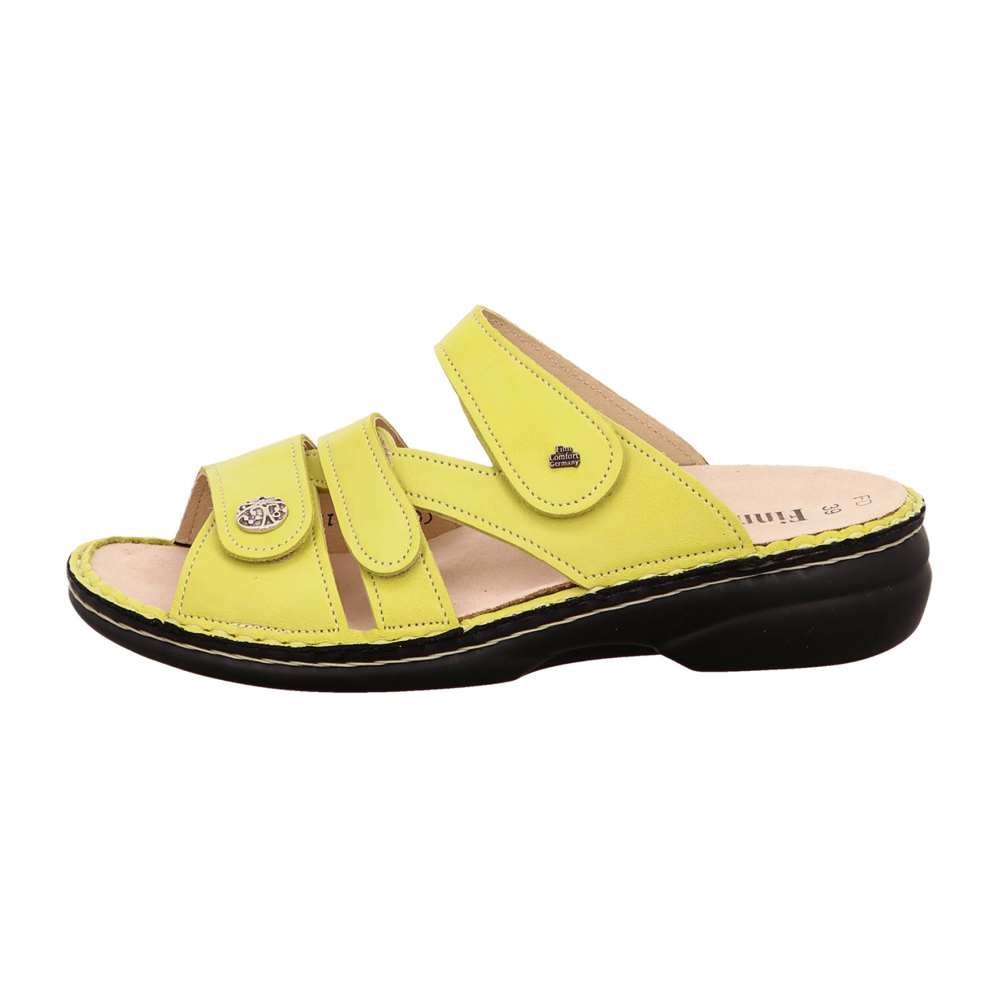 Finn Comfort Ventura-Soft Women's Slide Sandals - Lime Green Leather with Handmade Details and Soft Footbed