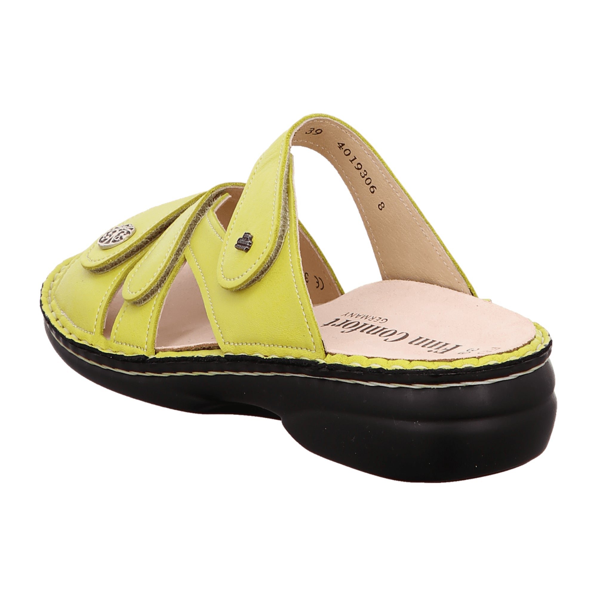 Finn Comfort Ventura-Soft Women's Slide Sandals - Lime Green Leather with Handmade Details and Soft Footbed
