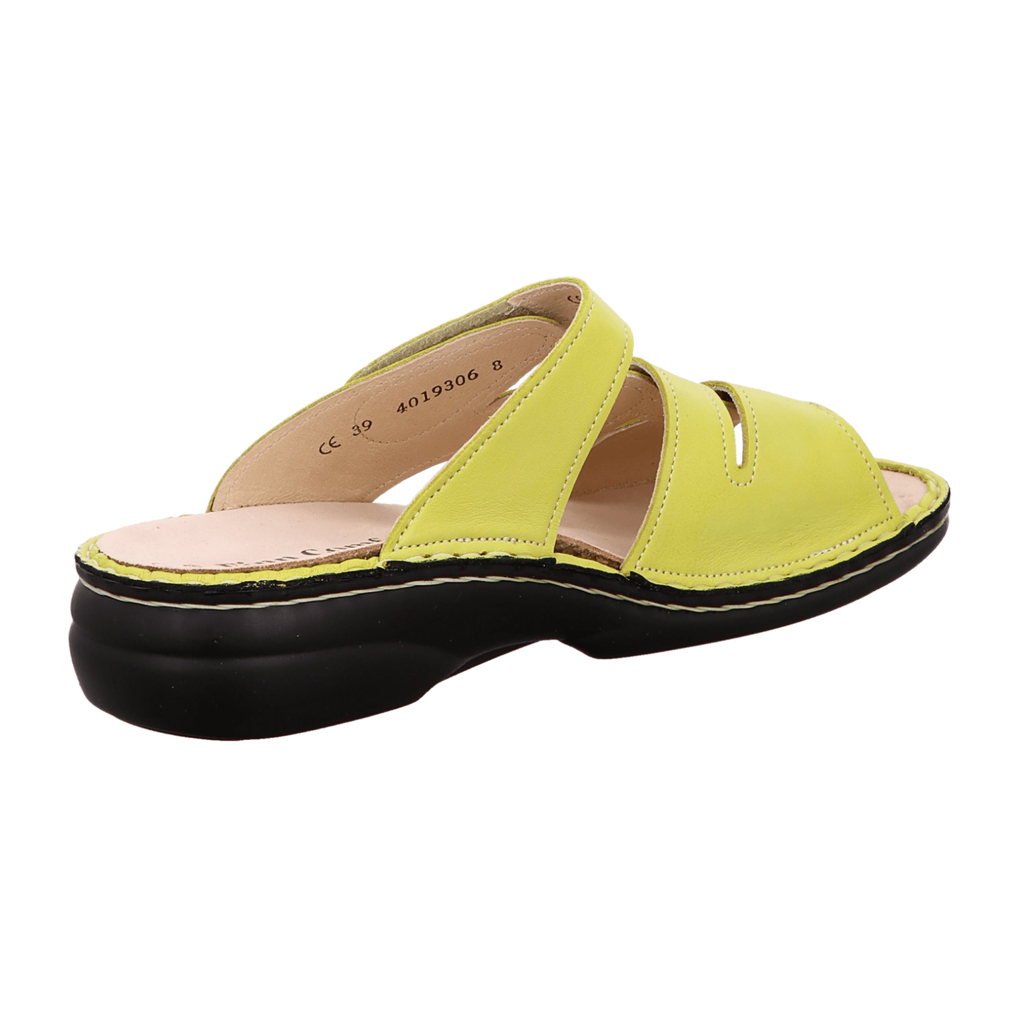 Finn Comfort Ventura-Soft Women's Slide Sandals - Lime Green Leather with Handmade Details and Soft Footbed