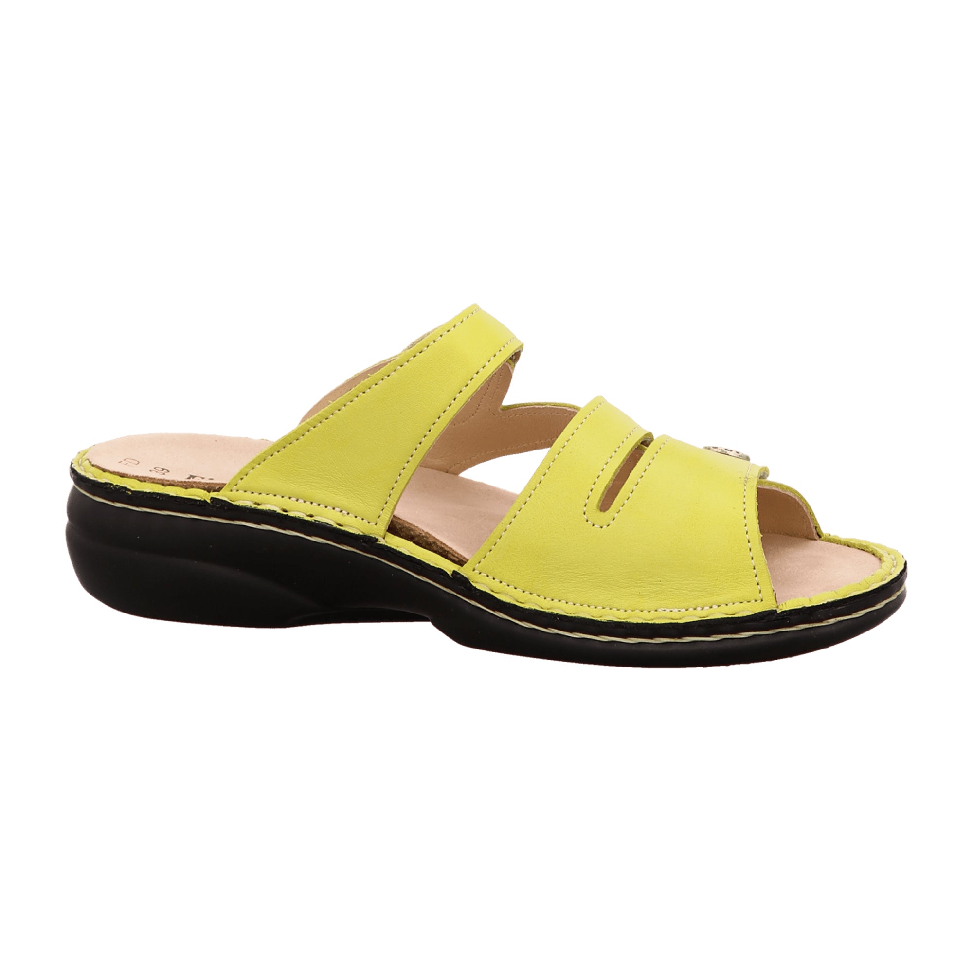 Finn Comfort Ventura-Soft Women's Slide Sandals - Lime Green Leather with Handmade Details and Soft Footbed