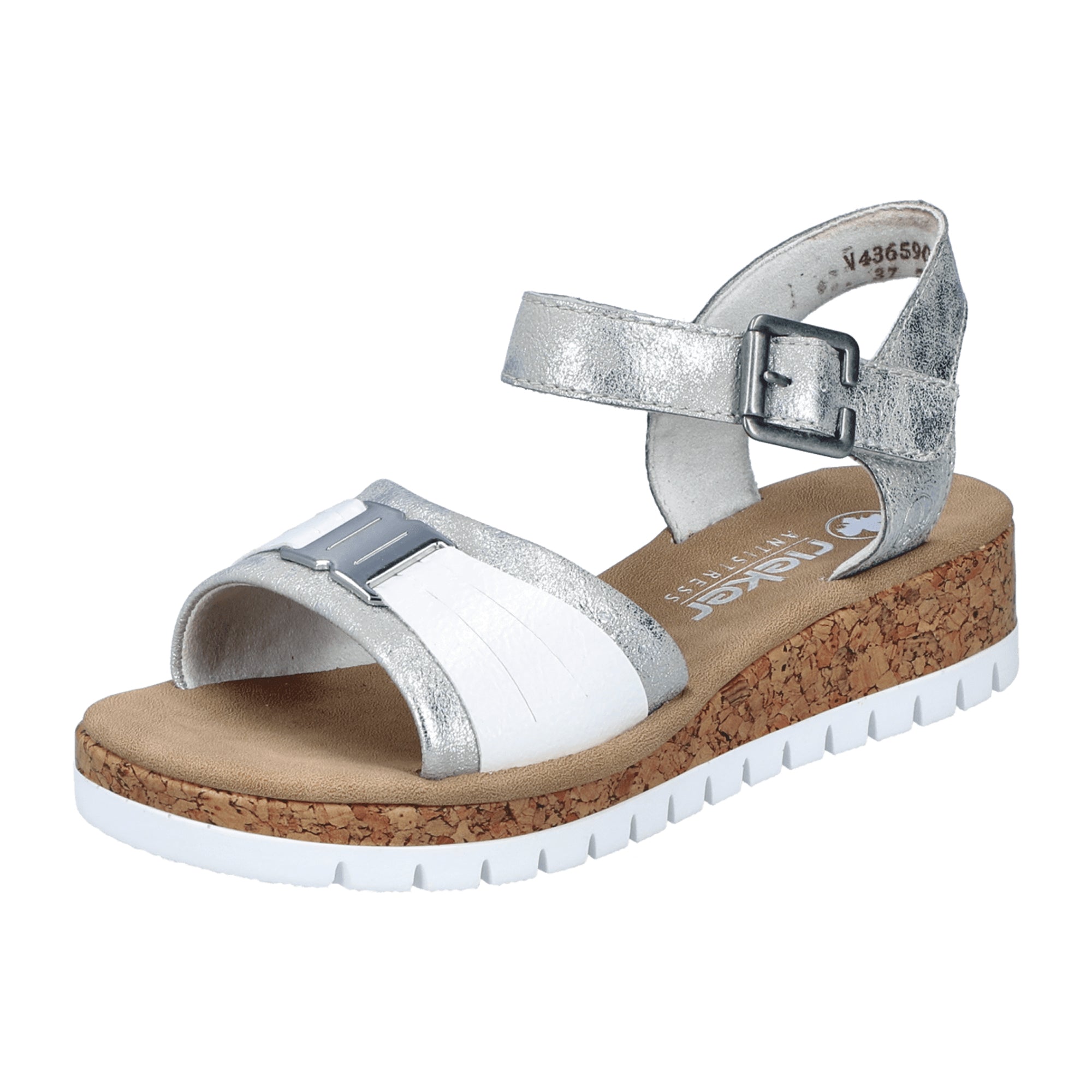 Rieker Women's Silver Sandals with Wedge Heel and Faux Leather Upper