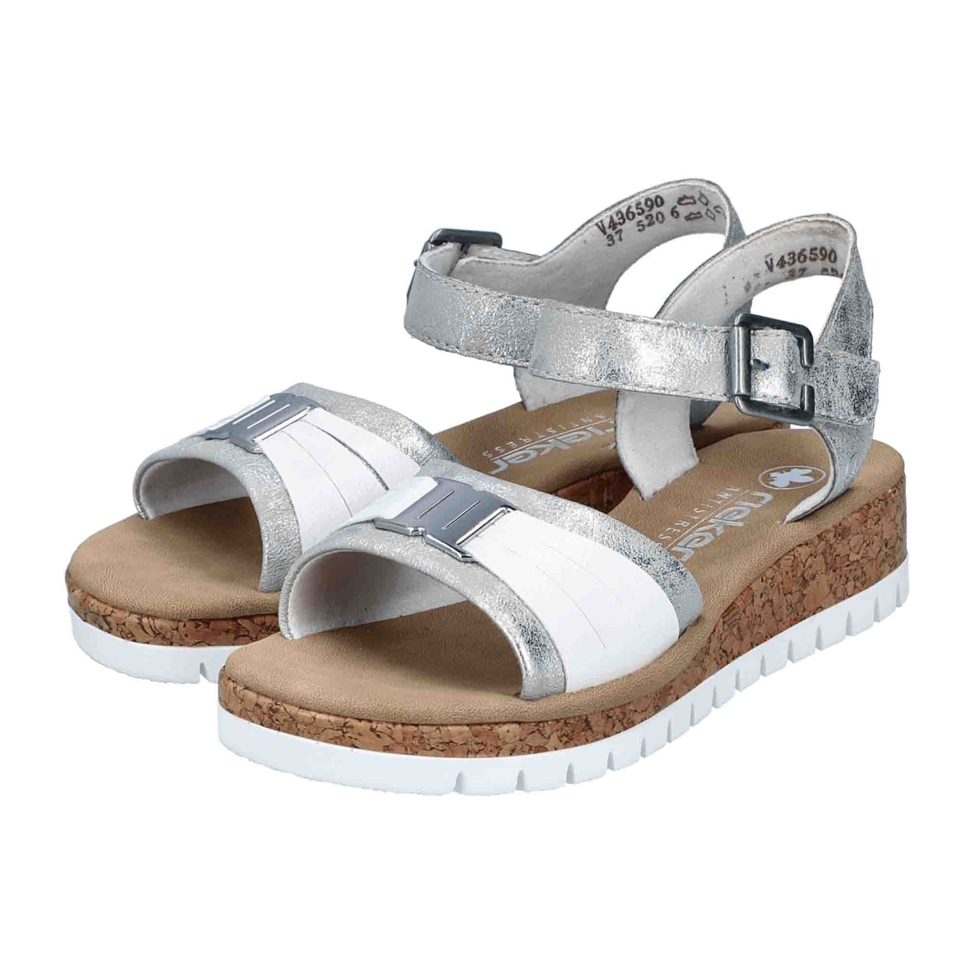 Rieker Women's Silver Sandals with Wedge Heel and Faux Leather Upper - Bartel-Shop