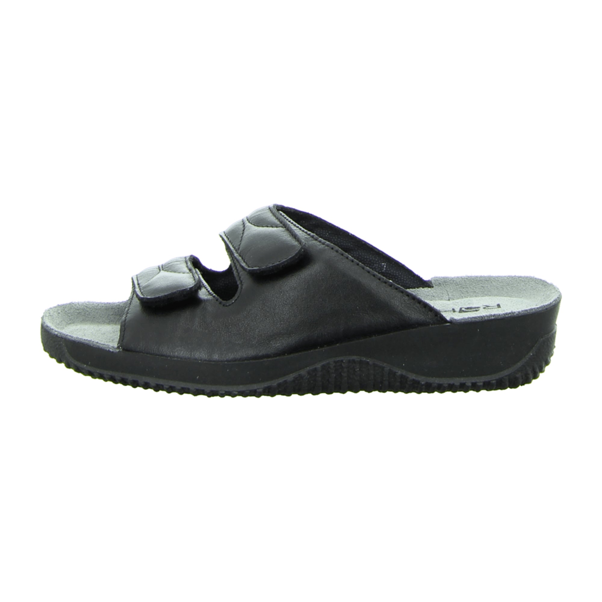 Rohde 1940.90 Black Leather Comfort Sandals with Velcro Strap and Wedge Heel