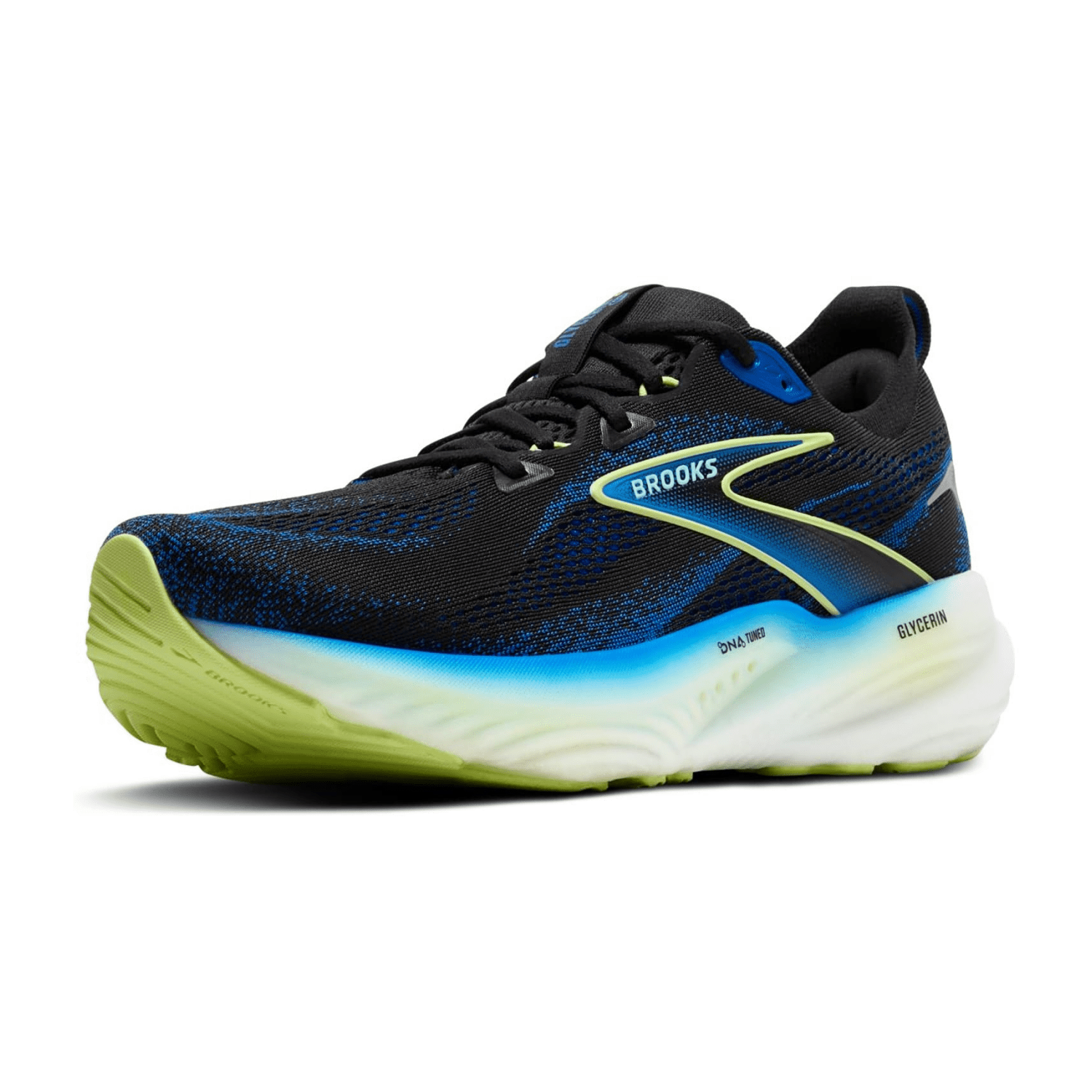 Brooks Glycerin 22 Men's Running Shoes in Black/Cobalt/Neo Yellow - Synthetic Upper for Long-Distance Road Running