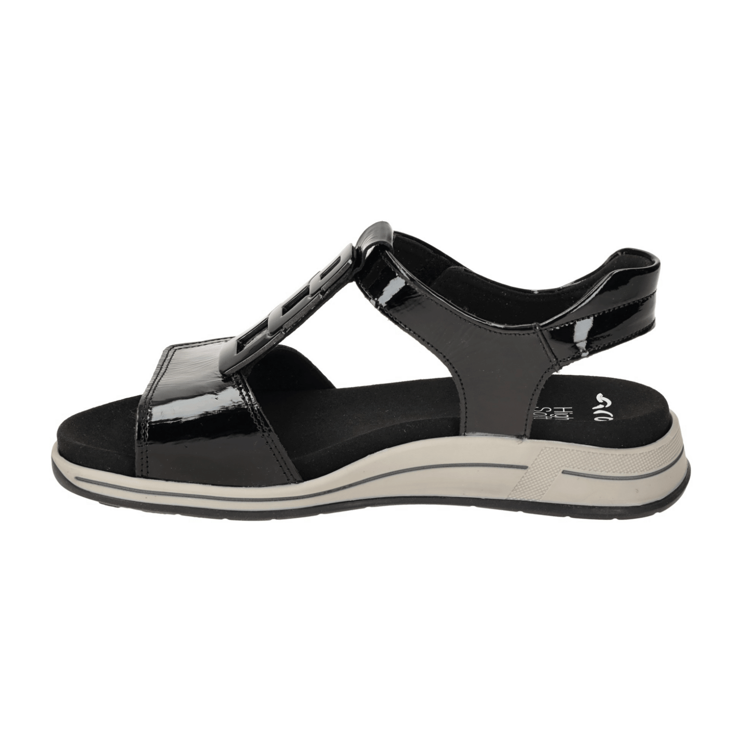 ARA Osaka T-Bar Sandals for Women in Black Patent Leather with Hook-and-Loop Closure and Open Toe