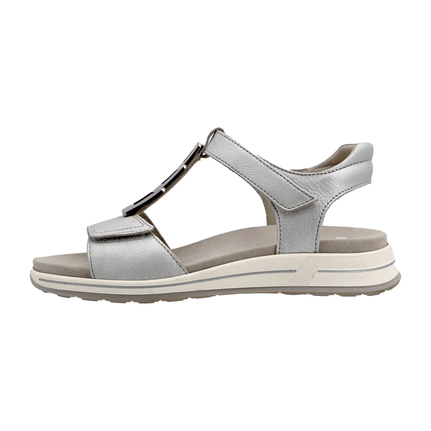 ARA Women's Sandal Osaka Silver Smooth Leather Hook-and-Loop Closure Classic Open Toe
