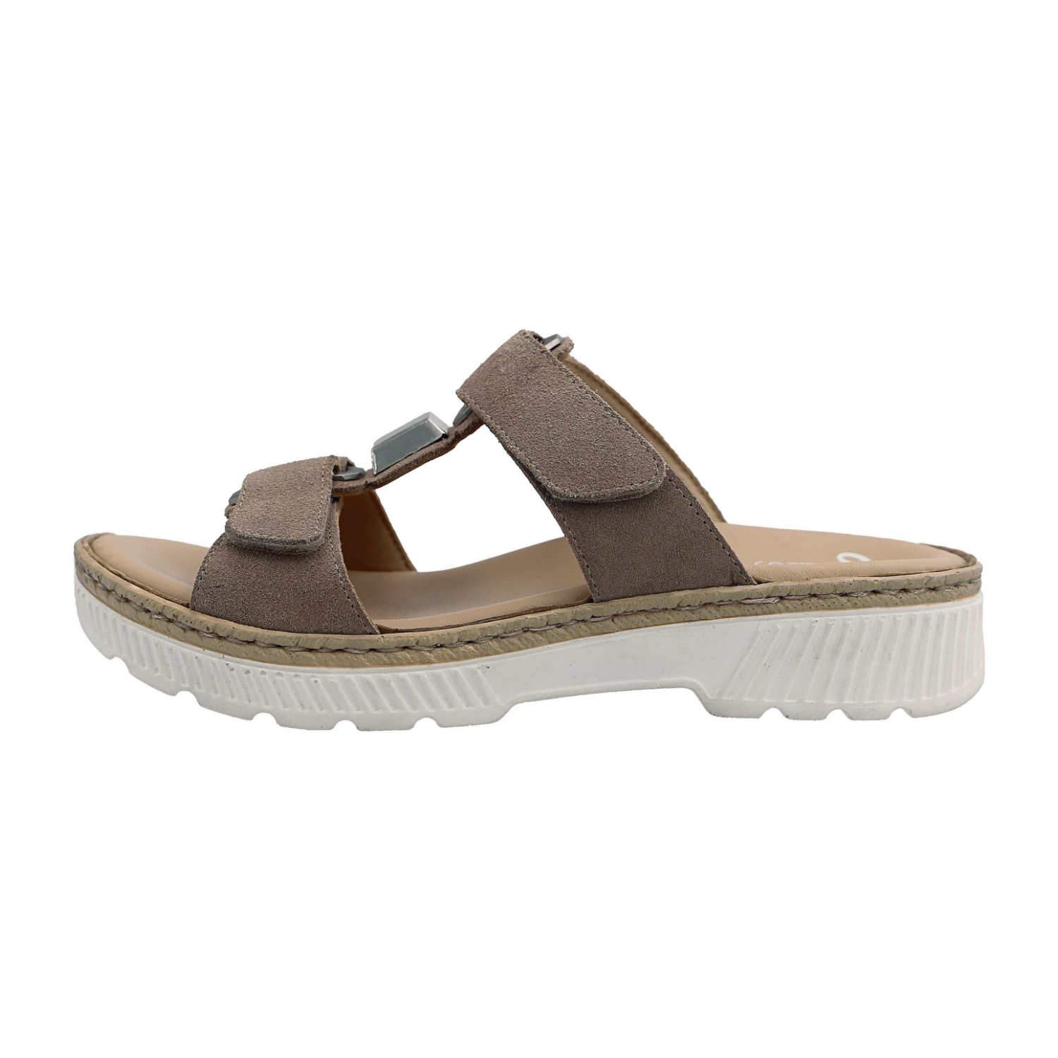 ARA CAPRI Women's Beige Suede Kitten Heel Mule Sandals with Hook-and-Loop Strap