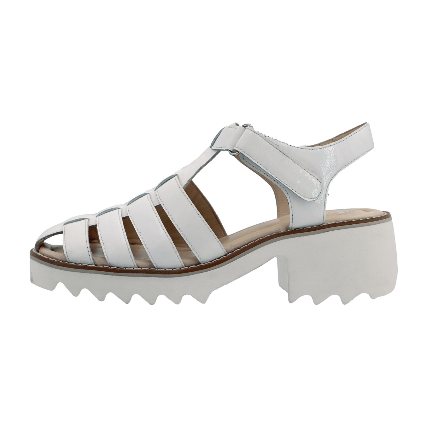 ARA Paris Women's Sandal in White Patent Leather with Hook-and-Loop Closure and Open Toe