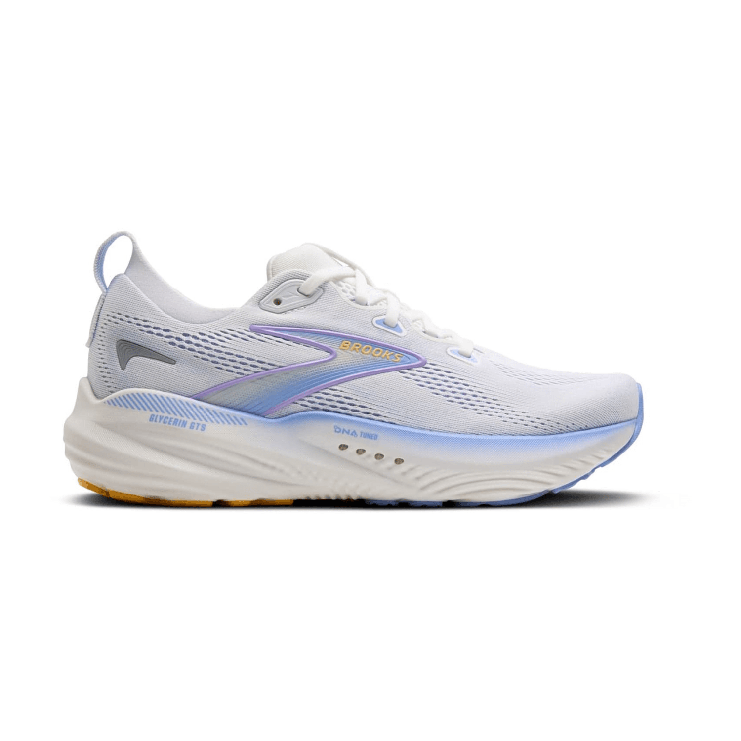 Brooks Glycerin GTS 22 Women's Running Shoes in White, Blue Heron, and Apricot