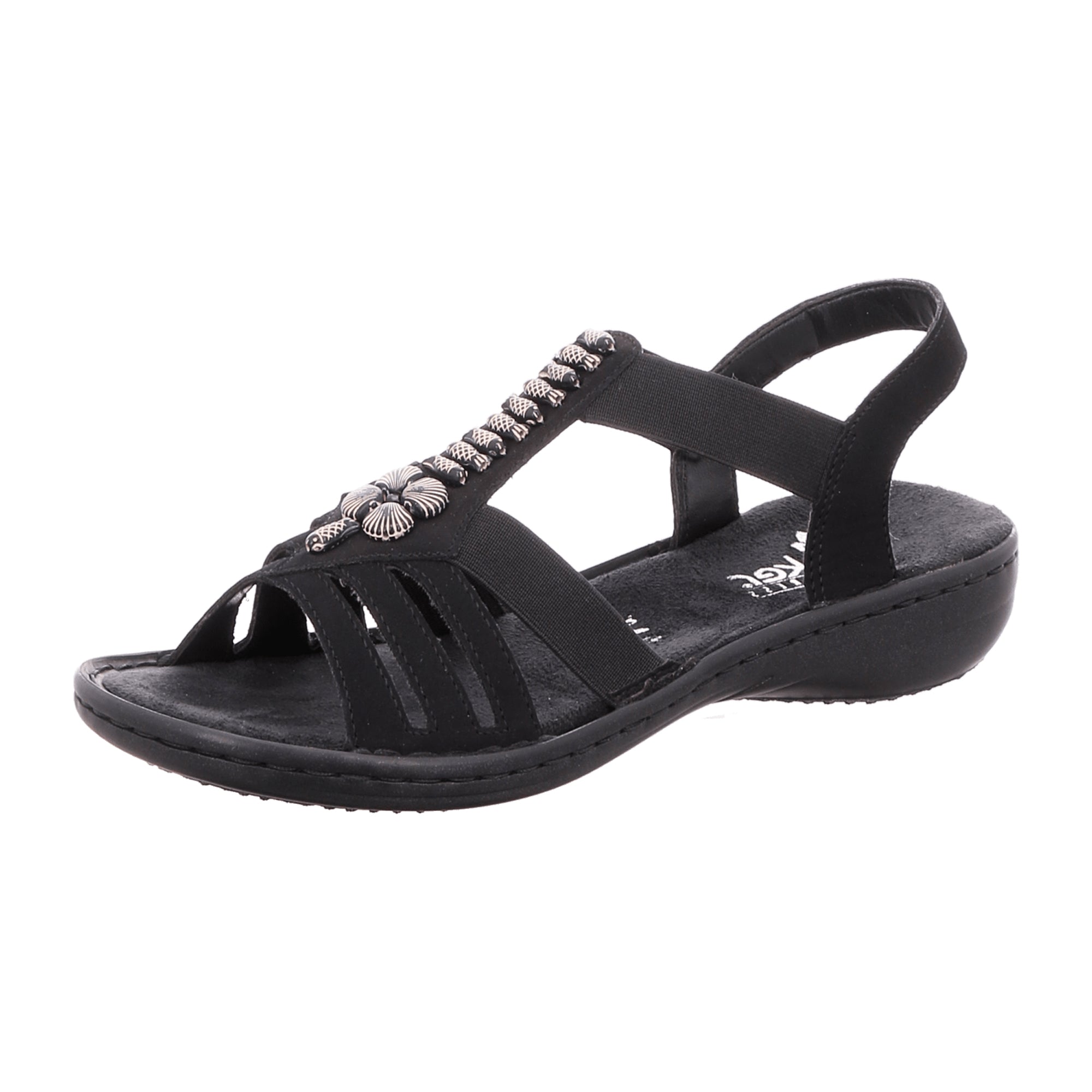 Rieker Women's Black Sandal Comfortable Elastic Strap Faux Leather Summer Shoe