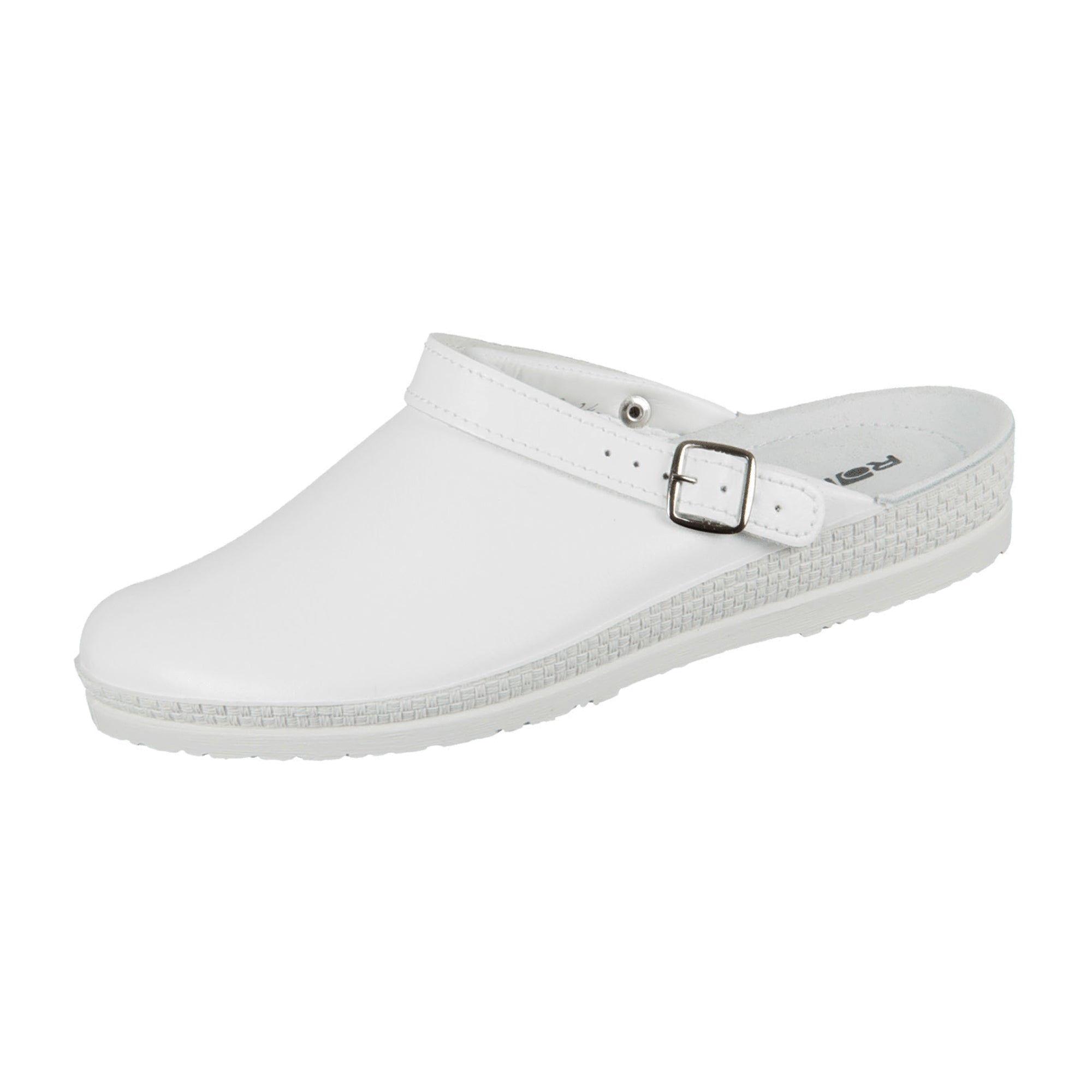 Rohde White Leather Clogs for Men with Round Toe and Buckle Closure