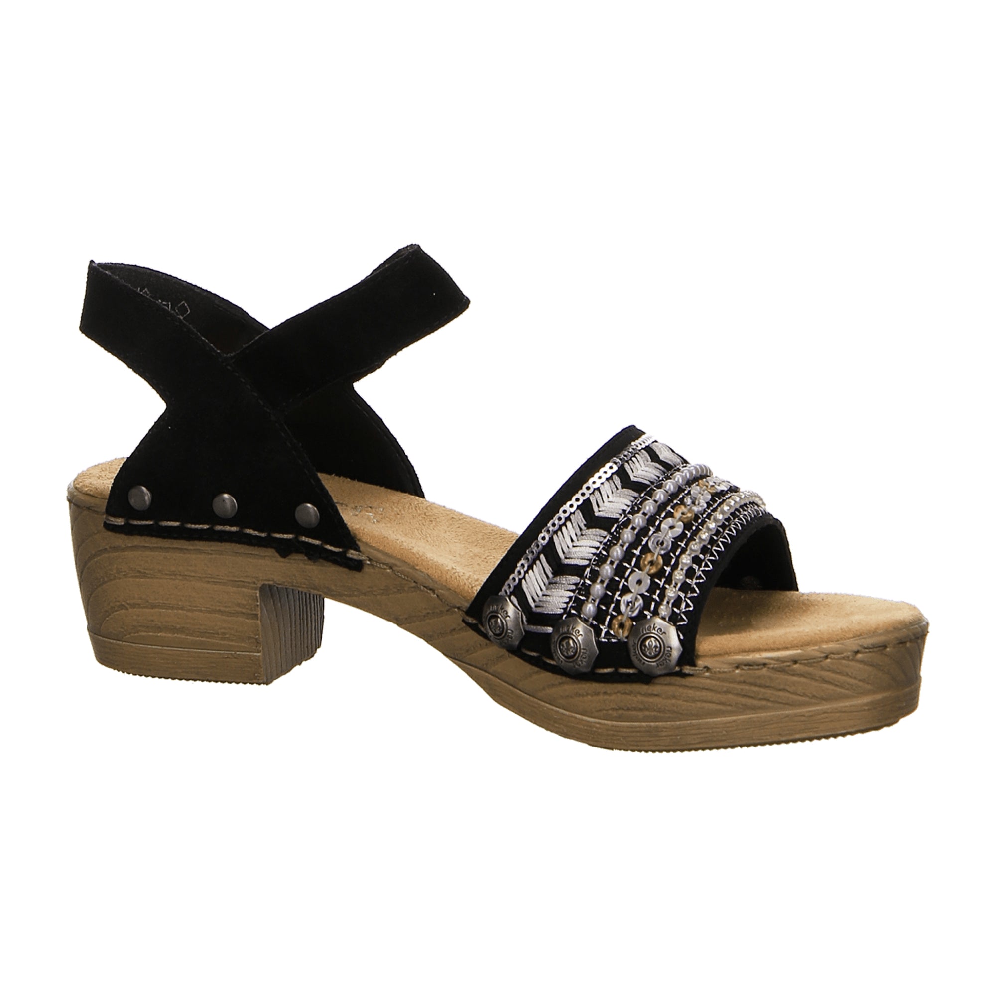 Rieker Black Sandalette for Women with Velour Leather and Textile Upper