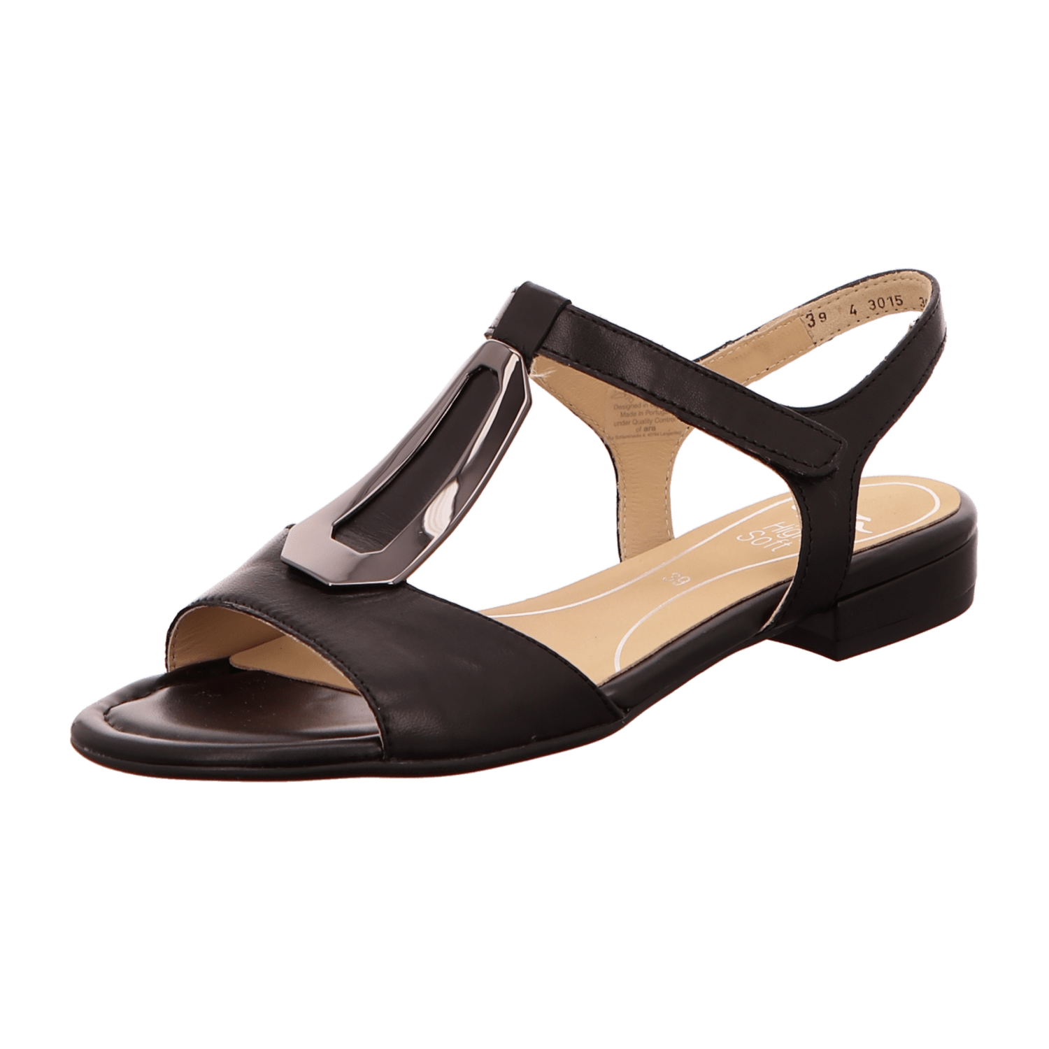 ARA VEGAS Women's T-Bar Sandals Smooth Leather Hook-and-Loop Fastener Black