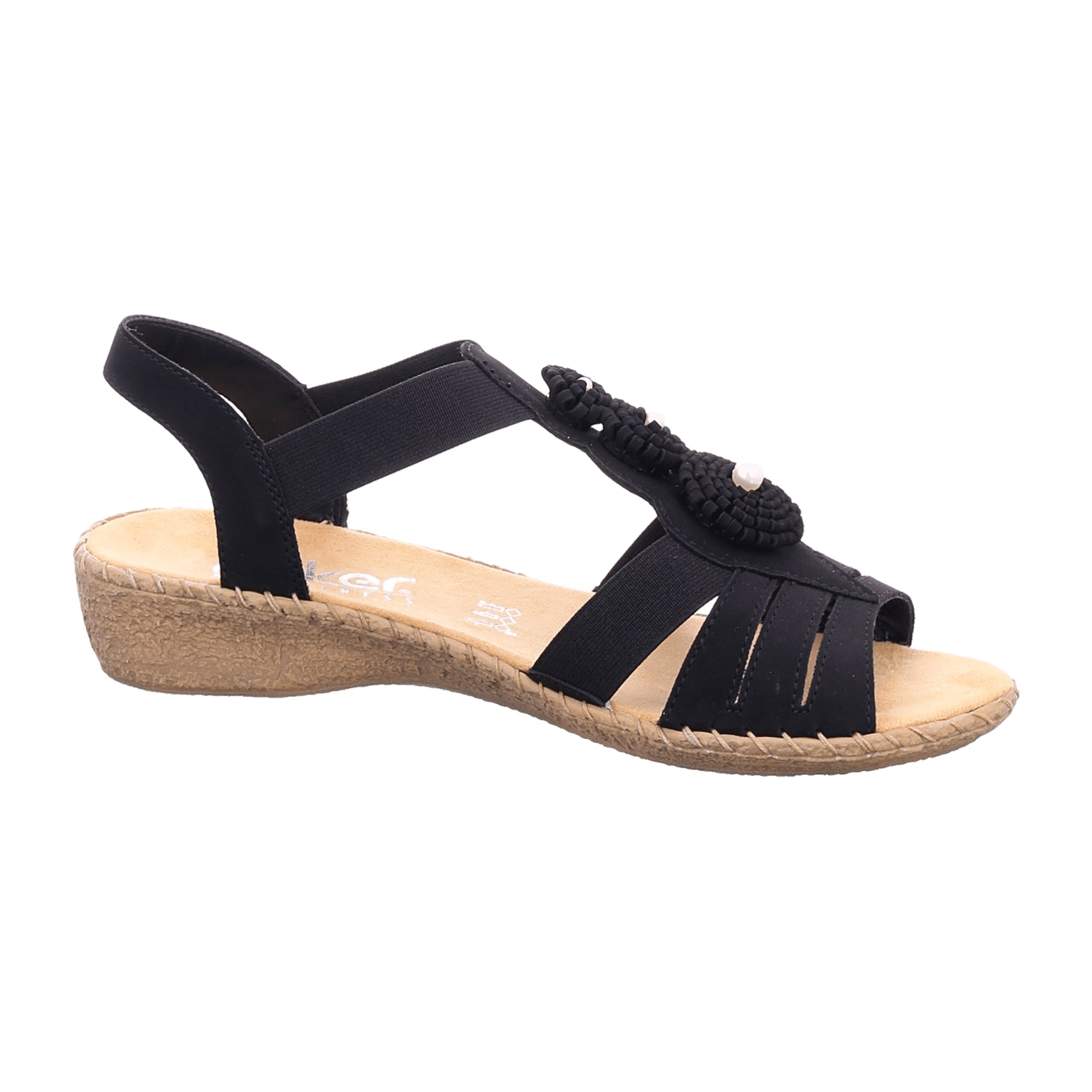 Rieker Women's Black Sandals Comfortable Slip-On Elastic Band Lightweight Casual