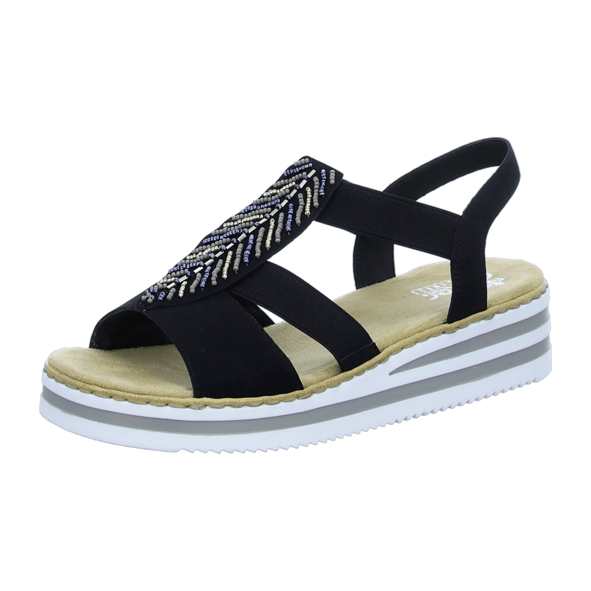 Rieker Women's Black Sandalettes Elastic Straps and Beaded Midstrap