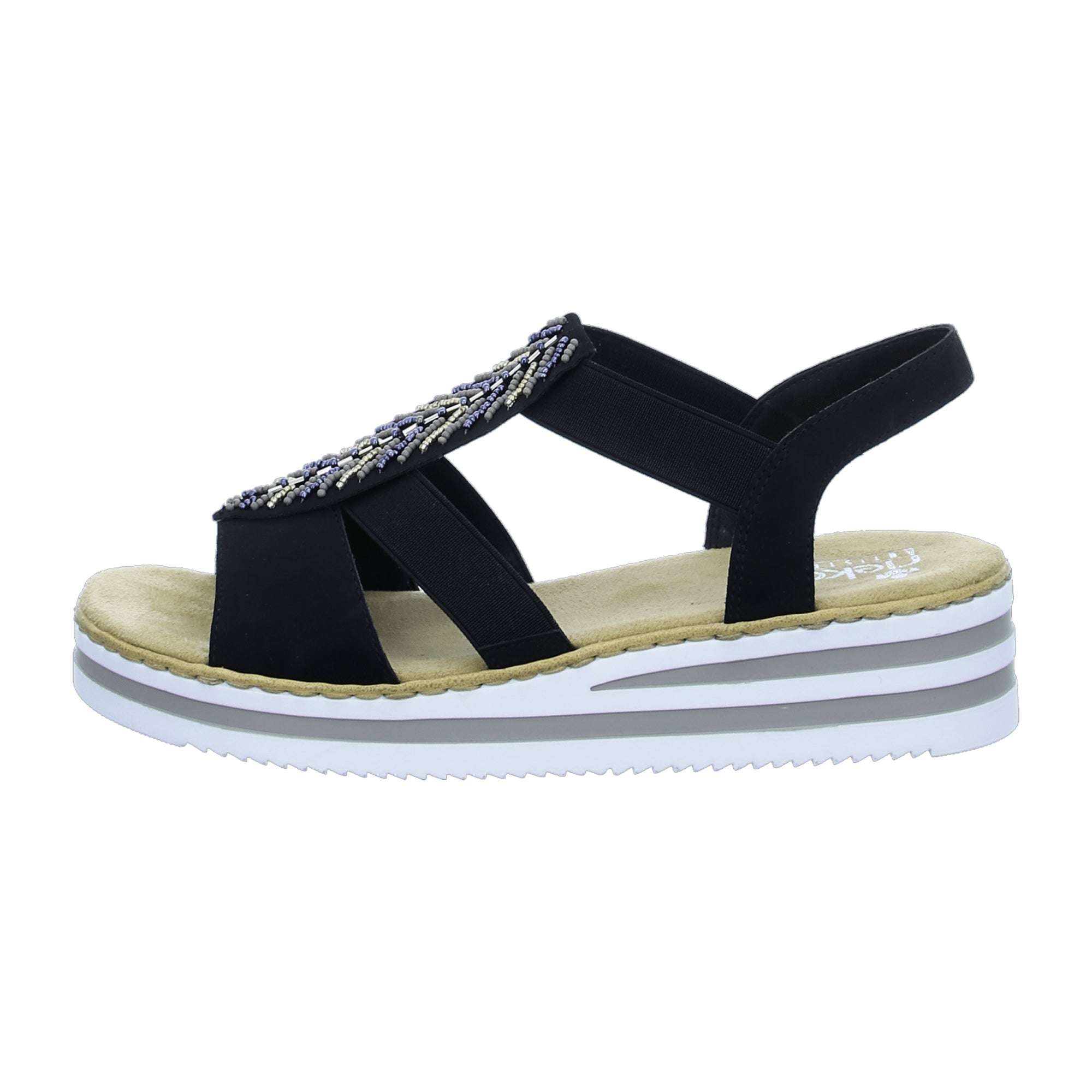 Rieker Women's Black Sandalettes Elastic Straps and Beaded Midstrap
